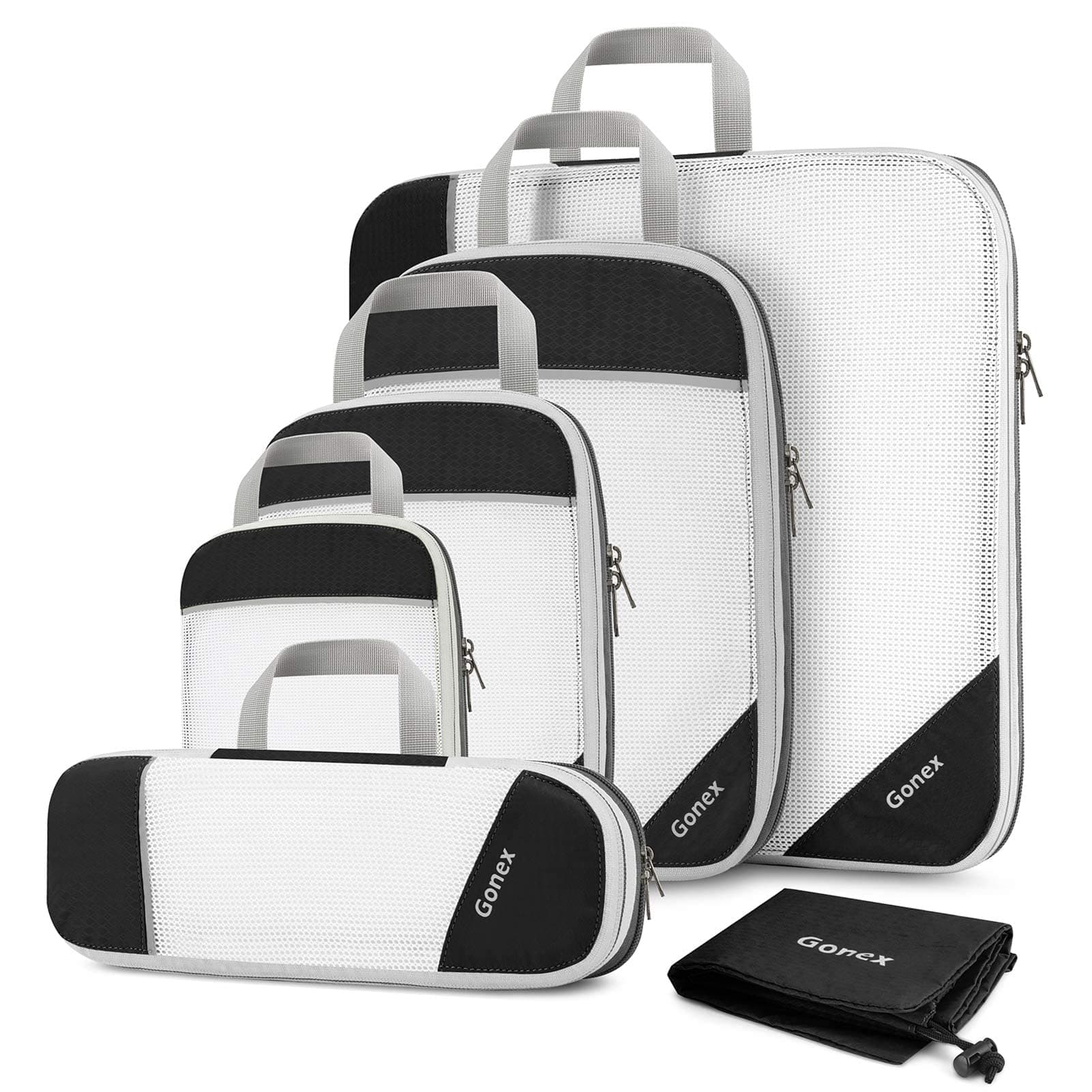 Gonex 圧縮パッキングキューブ 拡張可能なストレージメッシュバッグ オーガナイザー, 6個 ブラック, L+M+S+XS+Slim+Laundry Bag