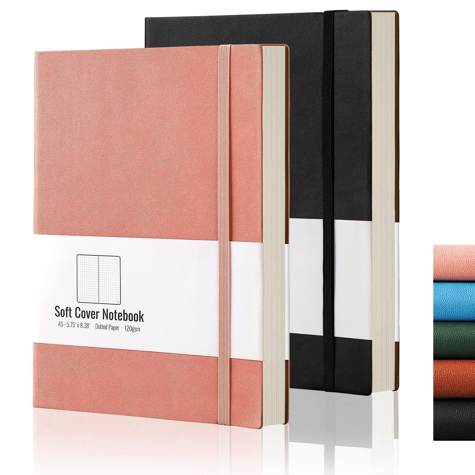 A5 Dotted Bullet Grid Softcover Journals(2-Pack)- Dot Grid Notebook 5.75 x 8.38 inch with Premium Thick 120gsm Dot Paper, Total 320 Numbered Pages (Black Pink)