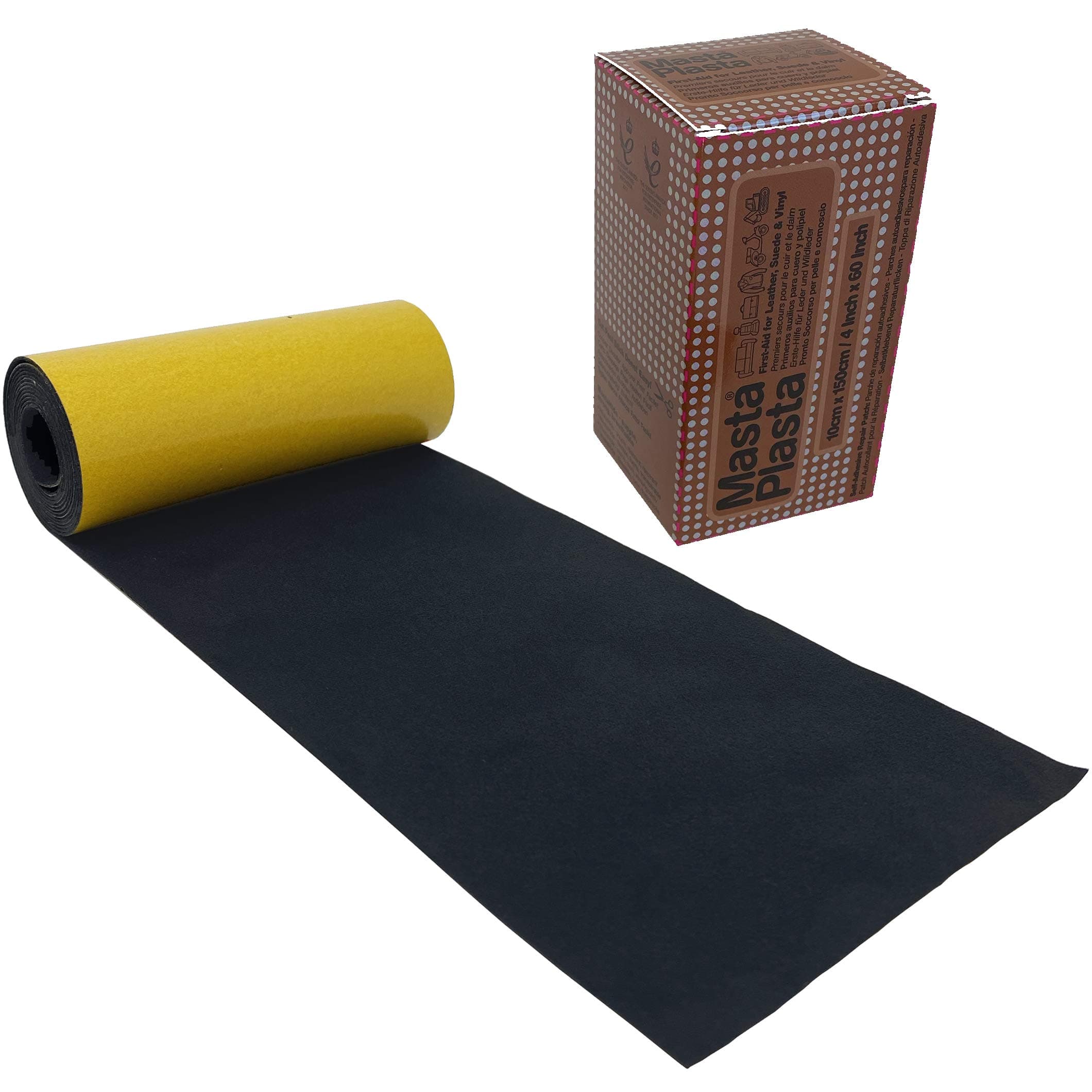 MastaPlasta Instant Original Suede Repair Tape Roll - Black 150 x 10 cm (60in x 4in). Upholstery-Quality. Fix Sofas, Car Interiors, Jackets, Bags & More. Perfect for Most Velvets Too!