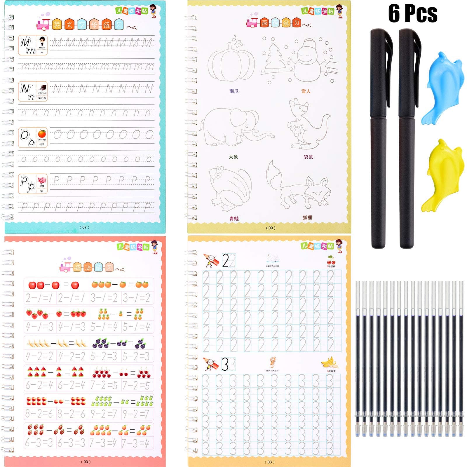 6 Pieces Practice Copybook Reusable Calligraphy Book for Kid Writing Paste Children's Kindergarten Grooves Post Before School Handwriting Alphabet, Number and Shapes Tracing Workbook