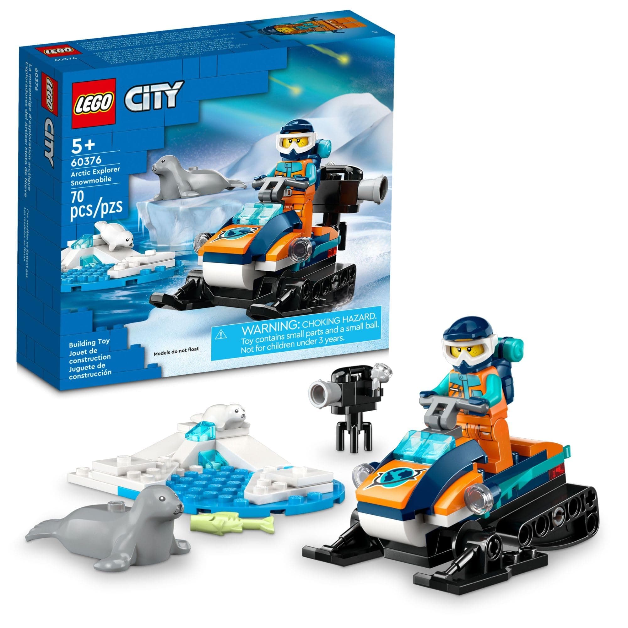 City Arctic Explorer Snowmobile 60376 Building Toy Set, Snowmobile Playset with Minifigures and 2 Seal Figures for Imaginative Role Play, Fun Gift Idea for 5 Year olds