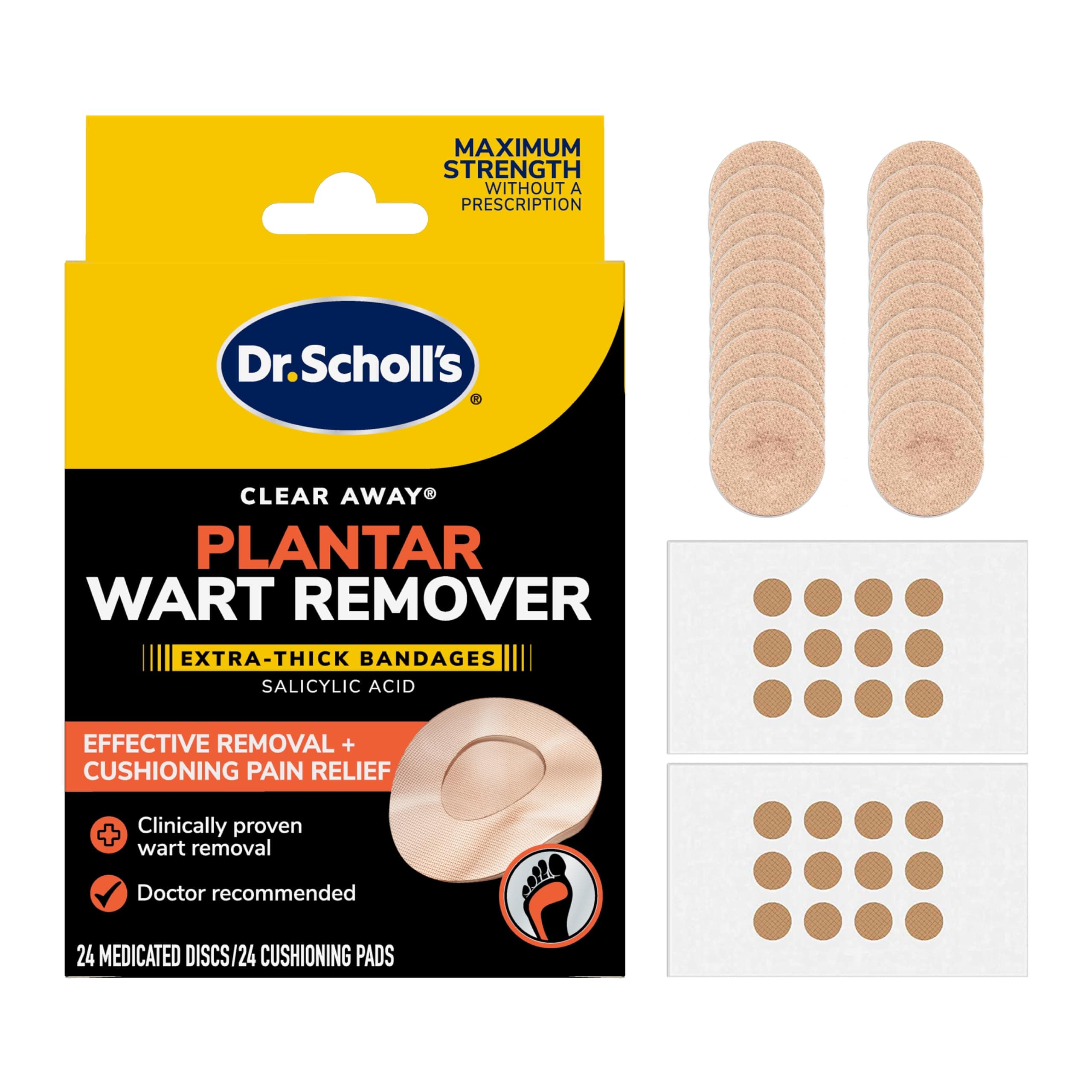 Dr. Scholl's Clear Away Plantar WART Remover // 24 Discs/24 Cushions, Clinically Proven, Maximum Strength Without a Prescription, Cushioning Pad Relieves Pain, 24 Treatments