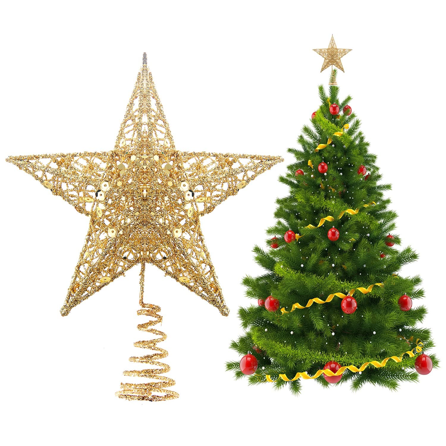 Christmas Tree Topper Star Treetop for Christmas Tree Decoration Gold Glittered 5 Point Star Treetop Christmas Tree Ornament Festive Christmas Decor 7.8-Inch
