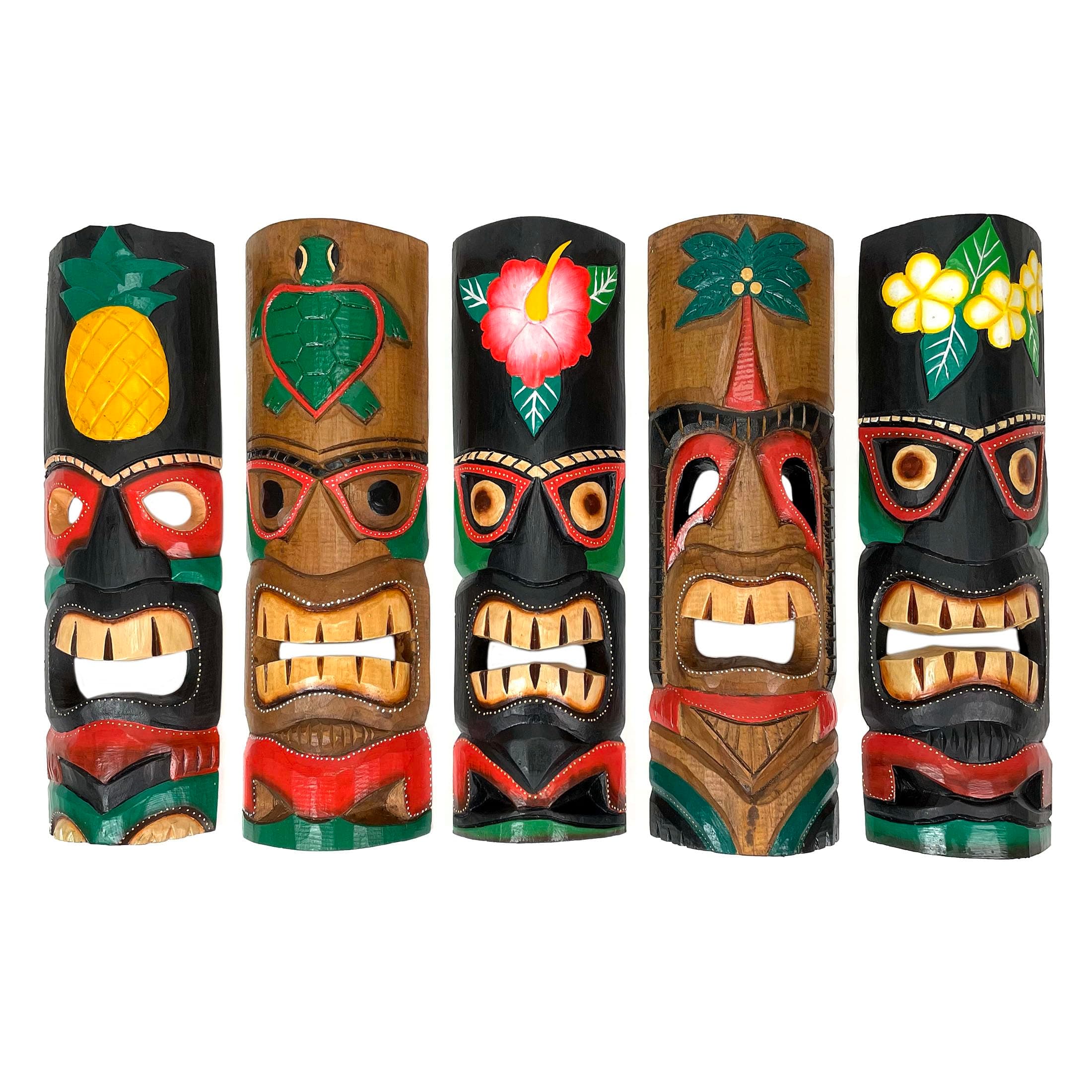Zeckos Set of 5 Hand-Carved Polynesian-Style Decorative Tiki Masks - Colorful Tropical Wall Décor Crafted from Sustainable Wood - 20 Inches High - Artisan Made