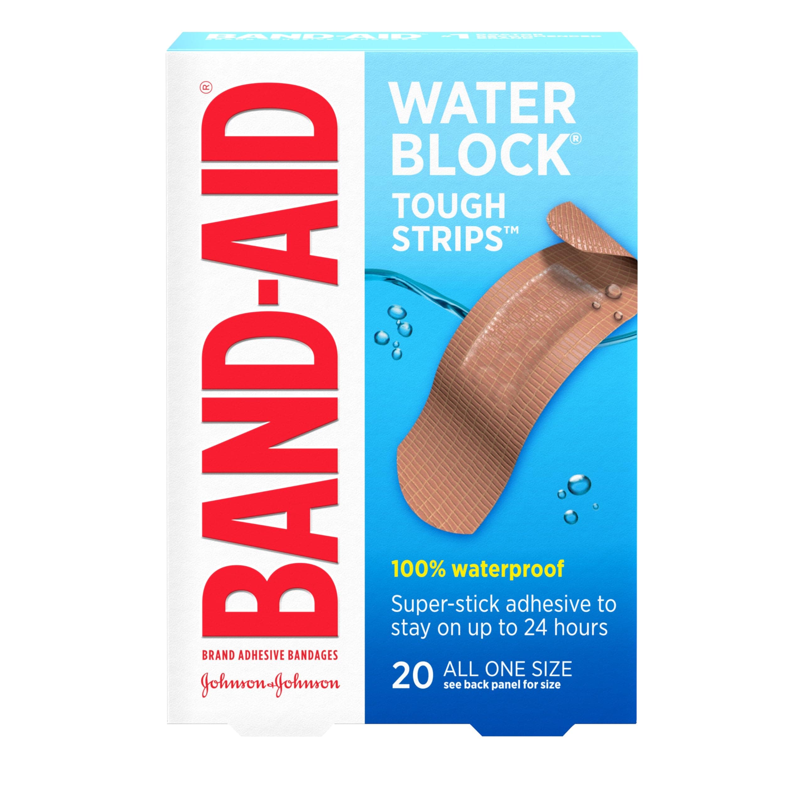 Brand Water Block Waterproof Tough Adhesive Bandages for First Aid Wound Care, Durable Waterproof Bandages to Protect Minor Cuts, Burns & Scrapes, Quilt-Aid Pad, One Size, 20 ct