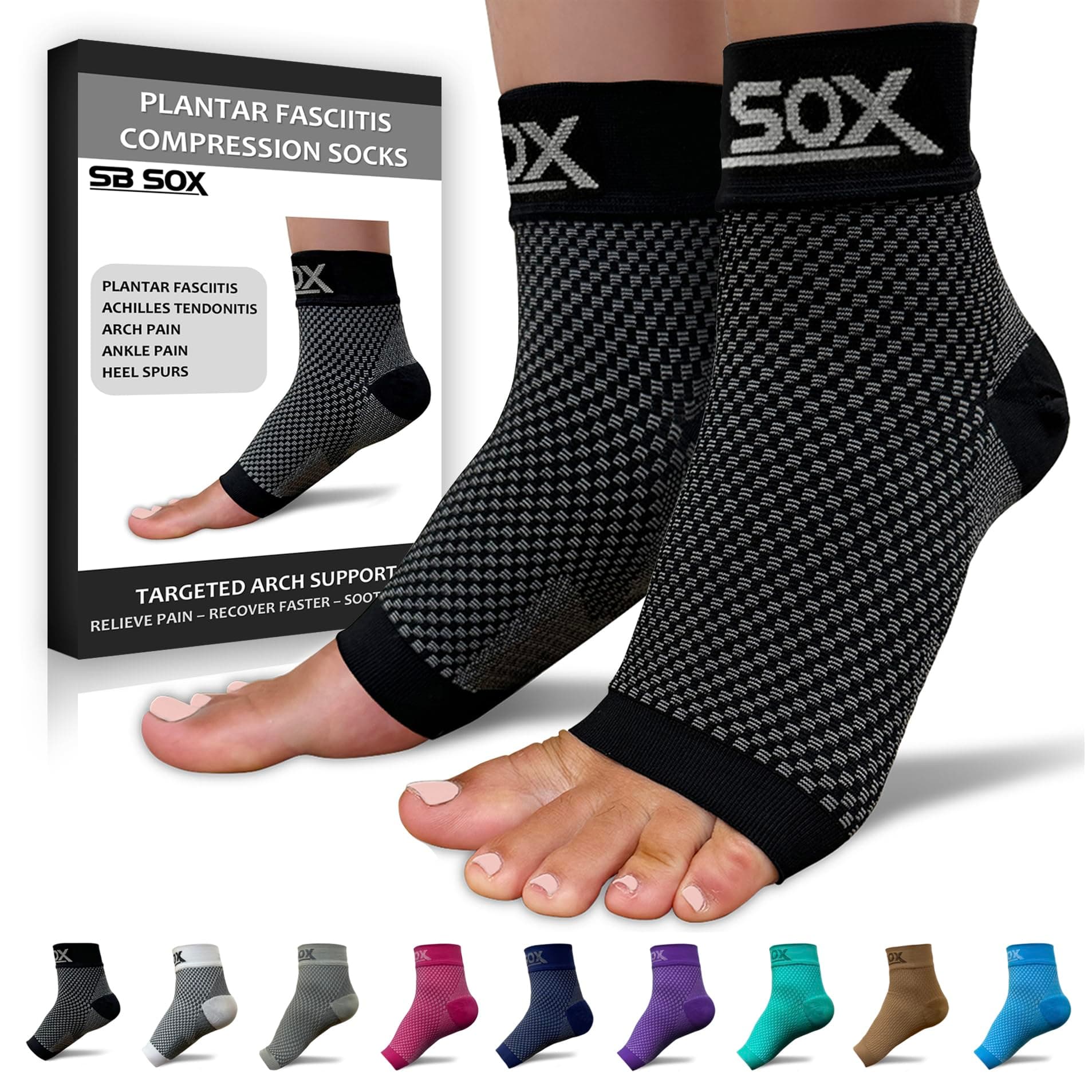 SB SOX Plantar Fasciitis Socks for Men & Women – Arch Support Compression Socks for Foot Pain, Heel Spurs & Achilles Tendonitis – Toeless Ankle Compression Socks (Black, Medium)
