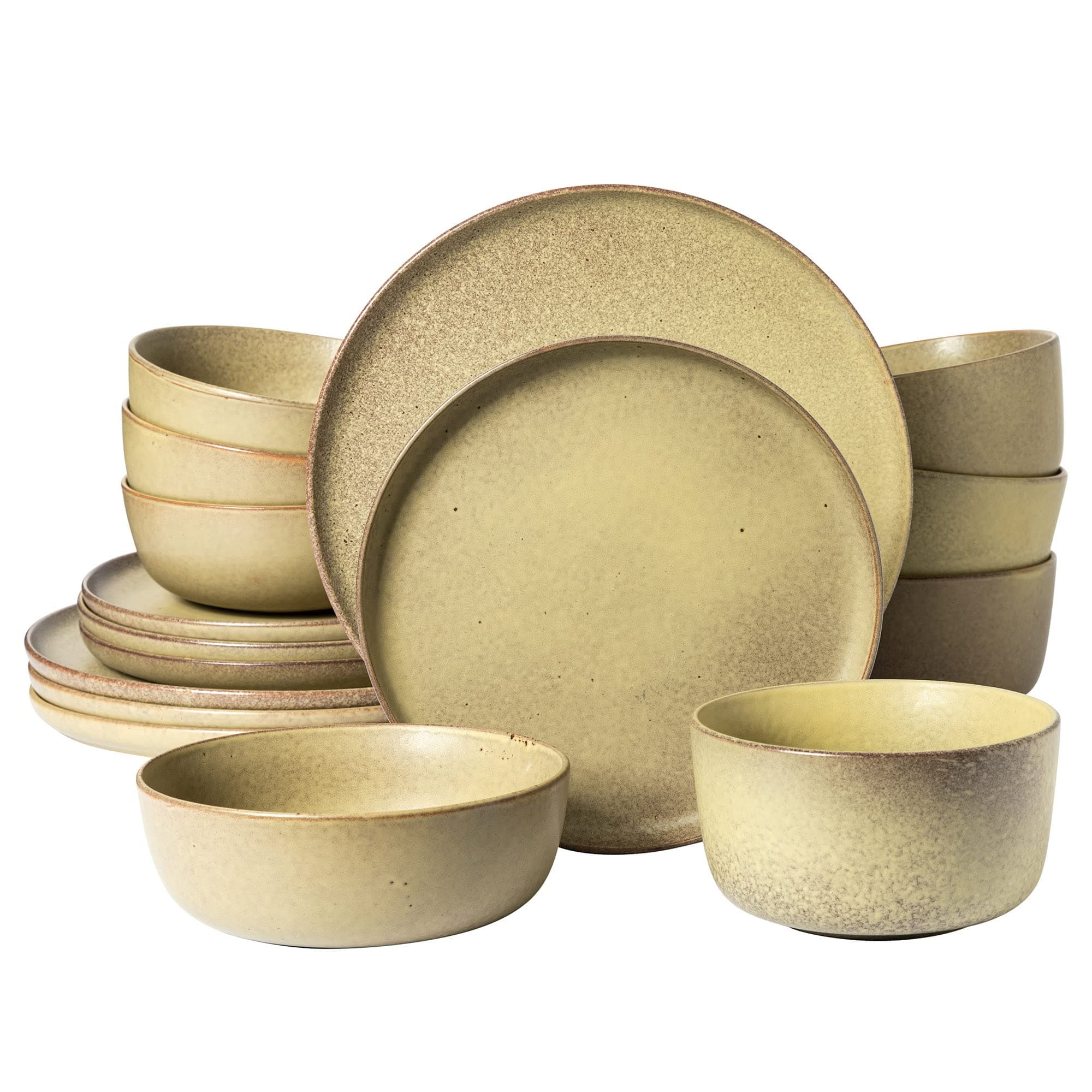 James Street 16 Piece Stoneware Matte Reactive Double Bowl Dinnerware Set - Toast Cream