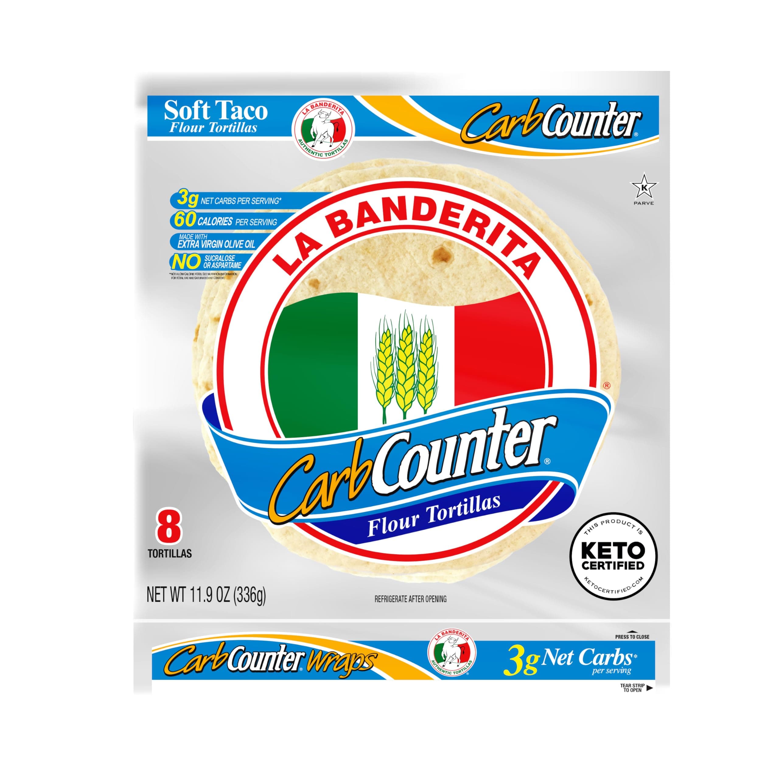 La Banderita® Carb Counter Flour Tortillas | 8" Size | 8 Count Each Pack | 4 Pack Case | *Taste the Tradition.