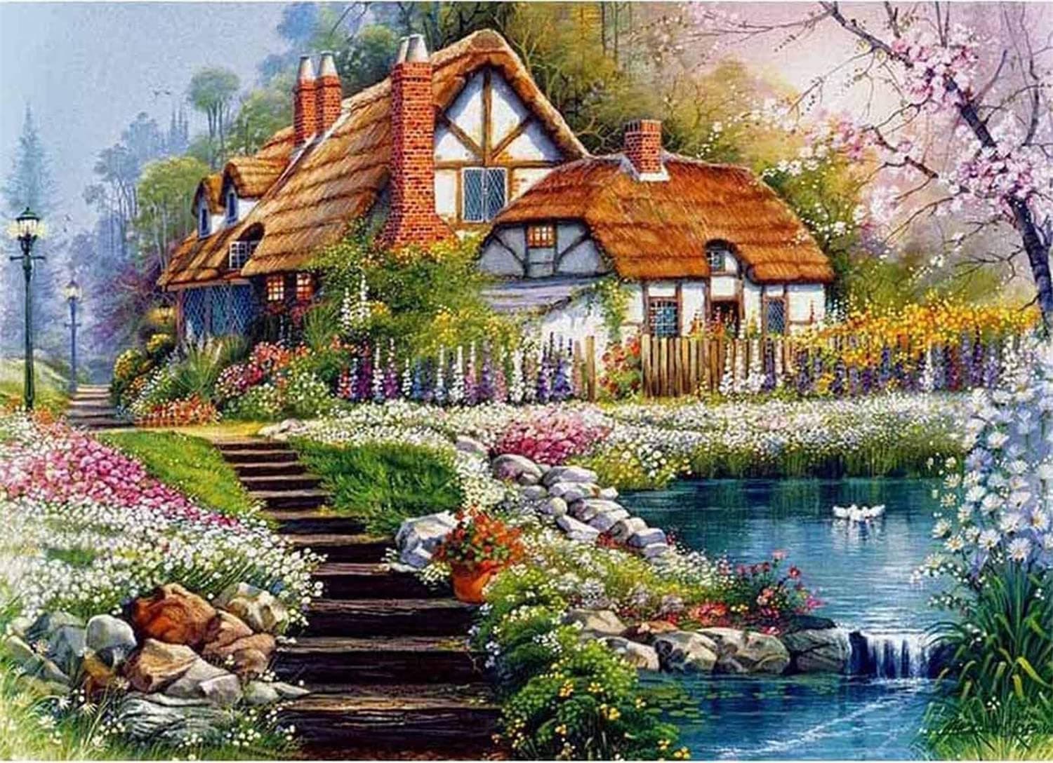 Cross Stitch Kits Stamped, OWN4B House in the Garden Printed Pattern 11CT 14.2x18.1 inch DIY Embroidery Kit (House)