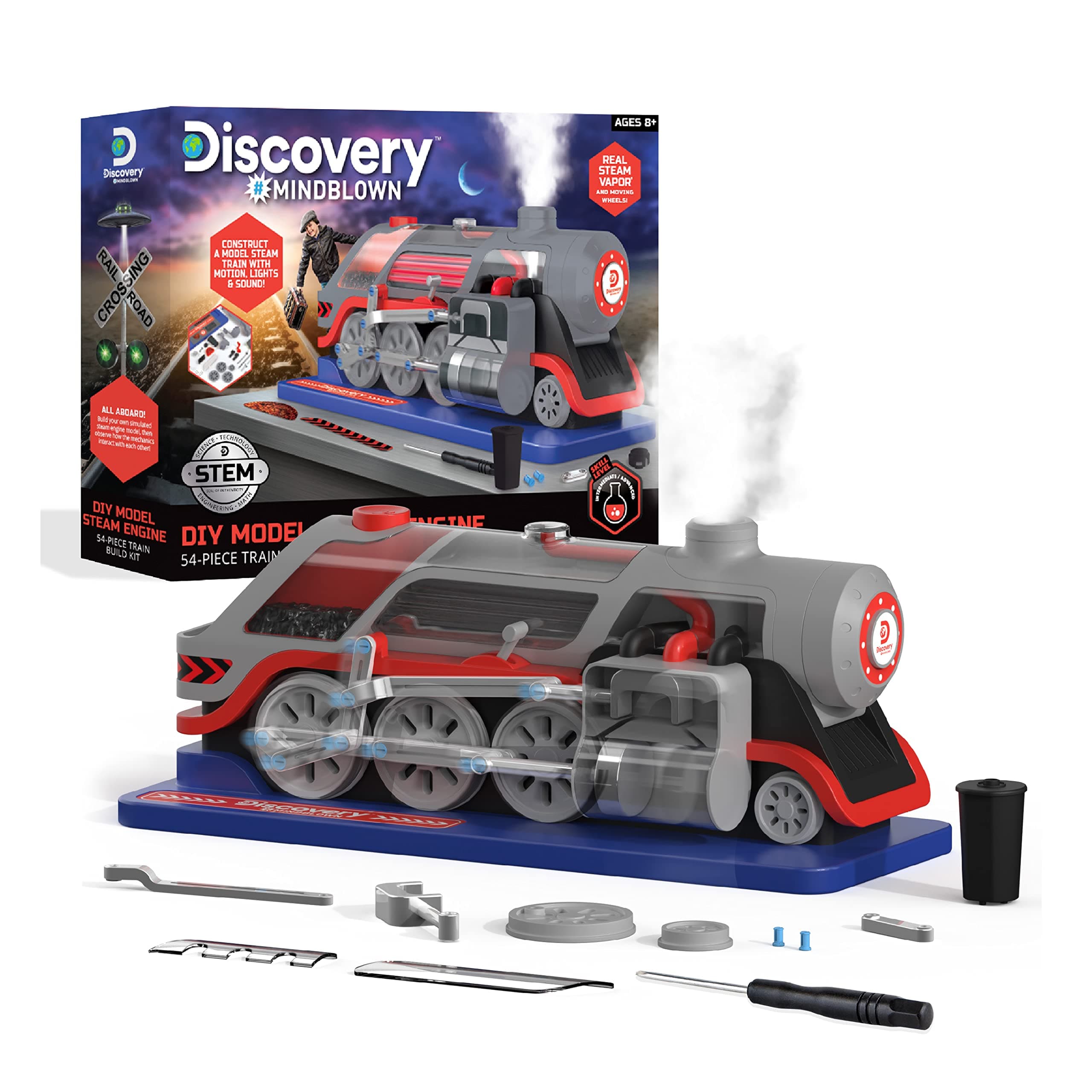 Discovery Mindblown Kids DIY Steam Engine 54-Piece Train Build Science Kit