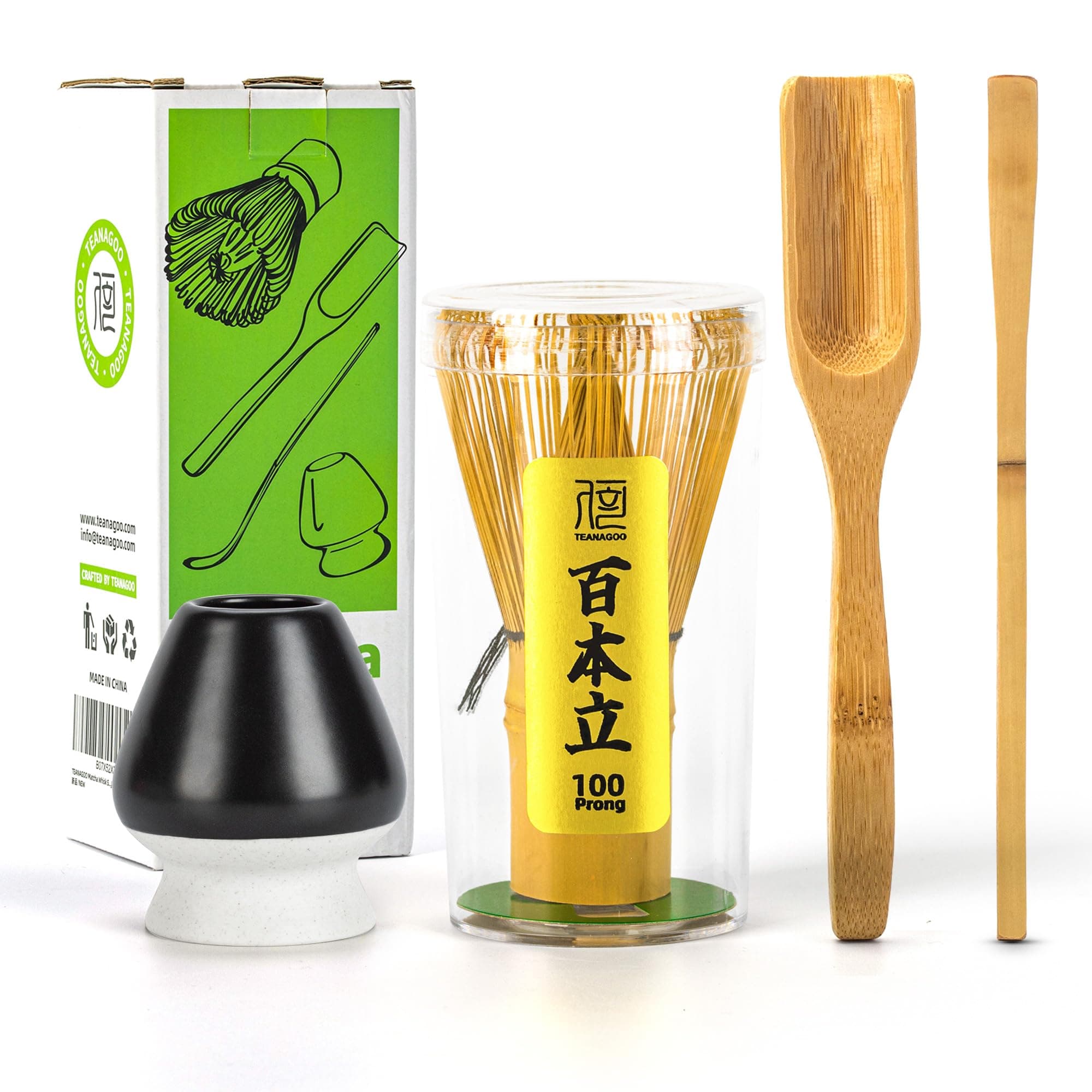 TEANAGOO Matcha Whisk Set, Bamboo Matcha Whisk (Chasen), 4 Pcs Traditional Starter Matcha Set, Scoop (Chashaku) Tea Spoon Whisk Holder, Matcha Accessory, Bamboo Whisk For Matcha Tea (100prongs)