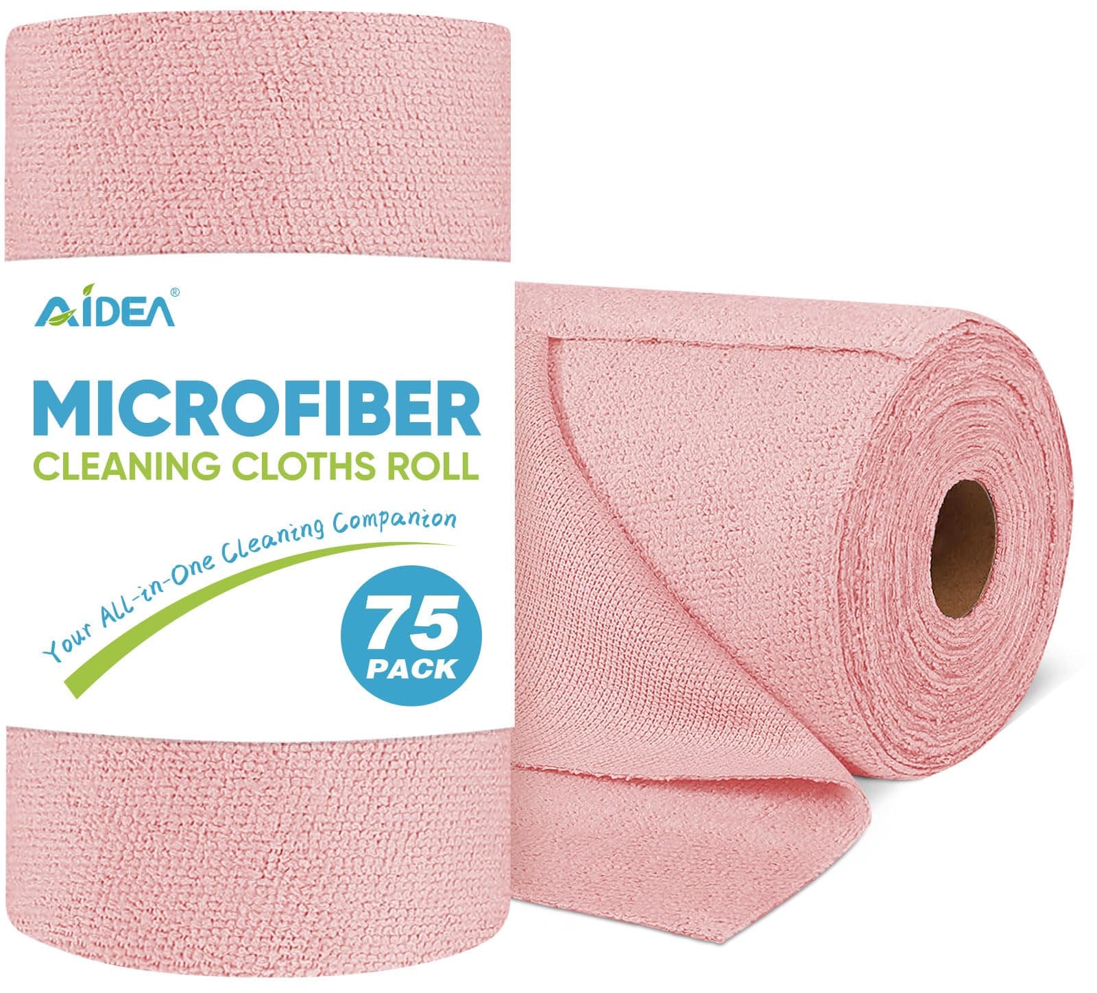 Microfiber Cleaning Cloth Roll, 75PK, Tear Away Reusable Paper Towels, Pink Towels Lint Free Rags for House, Kitchen, Car Cleaning Supplies, 11.5"×11.5"