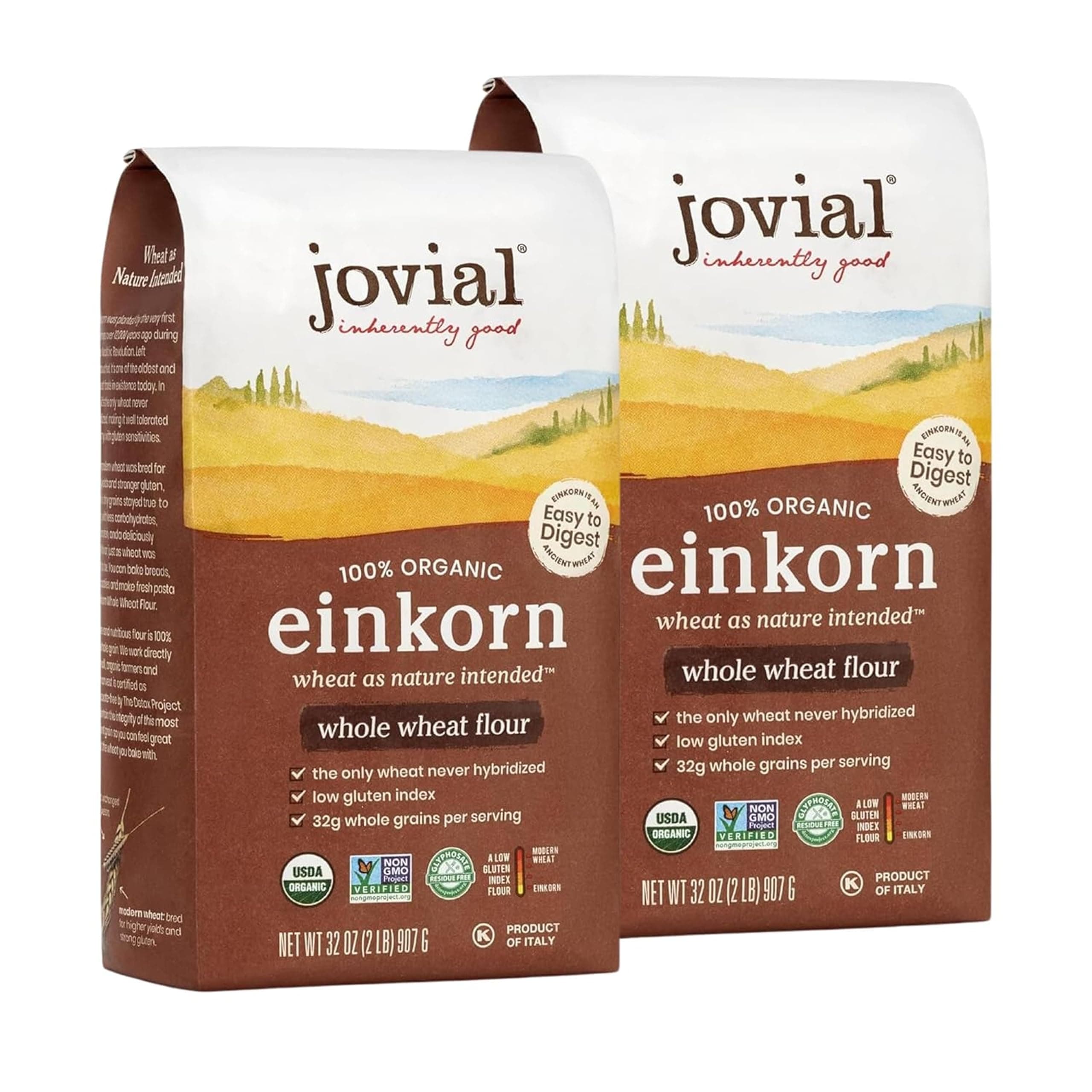 Organic Einkorn Whole Wheat Flour - Bread Baking Flour for Sourdough, High Protein, Non-GMO, For Organic Pizza & Pasta, European Italian Made, Glyphosate Free - 32 Oz, 2 Pack