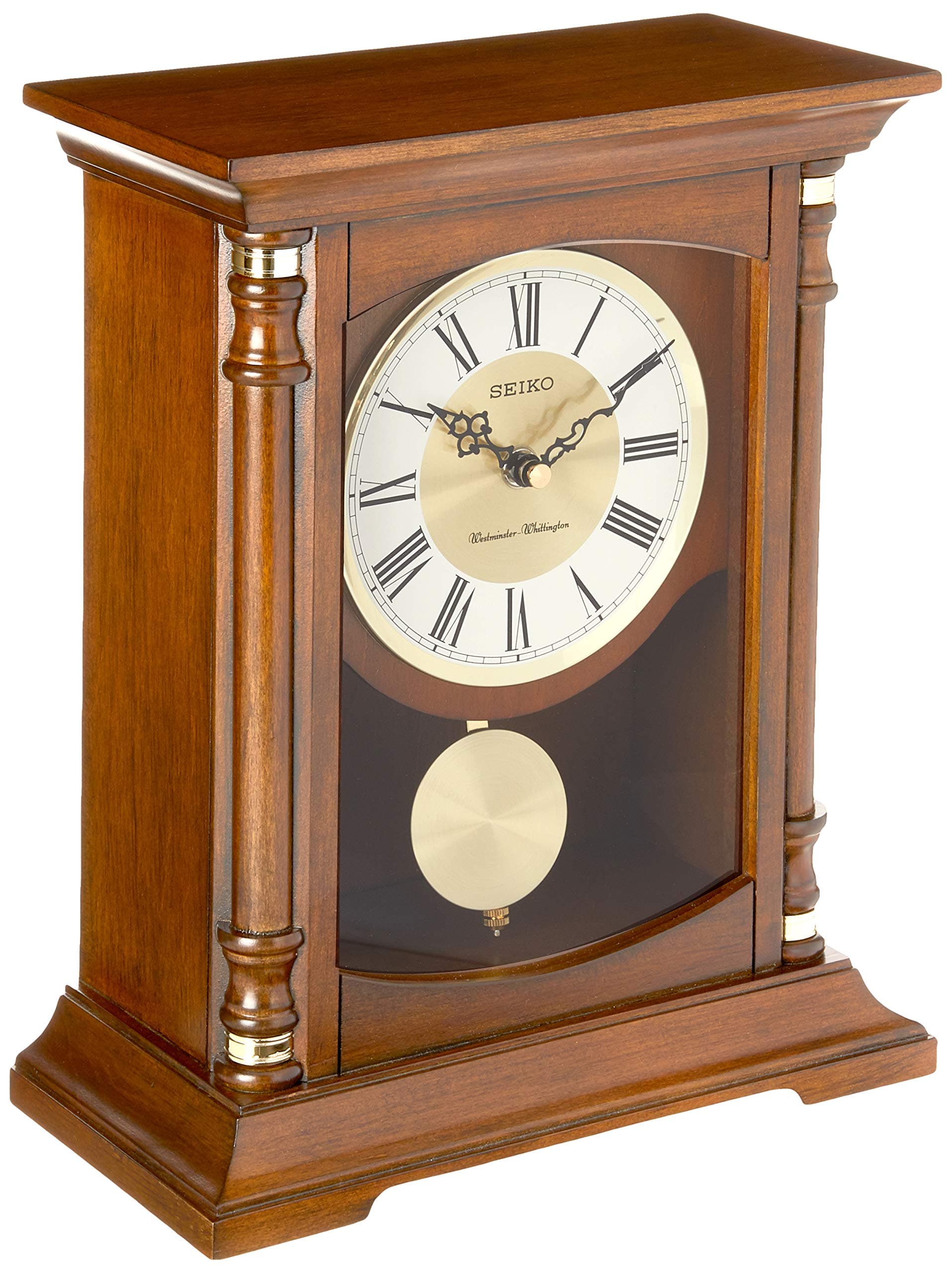 SEIKO Decorative Vertical Brown Wooden Analog Home/Office Decor Roman Numbers Dual Chimes Table Top Clock with Pendulum (Size: 24.8 x 12.3 x 31 CM | Weight: 2600 gram | Color: Brown) QXQ034B
