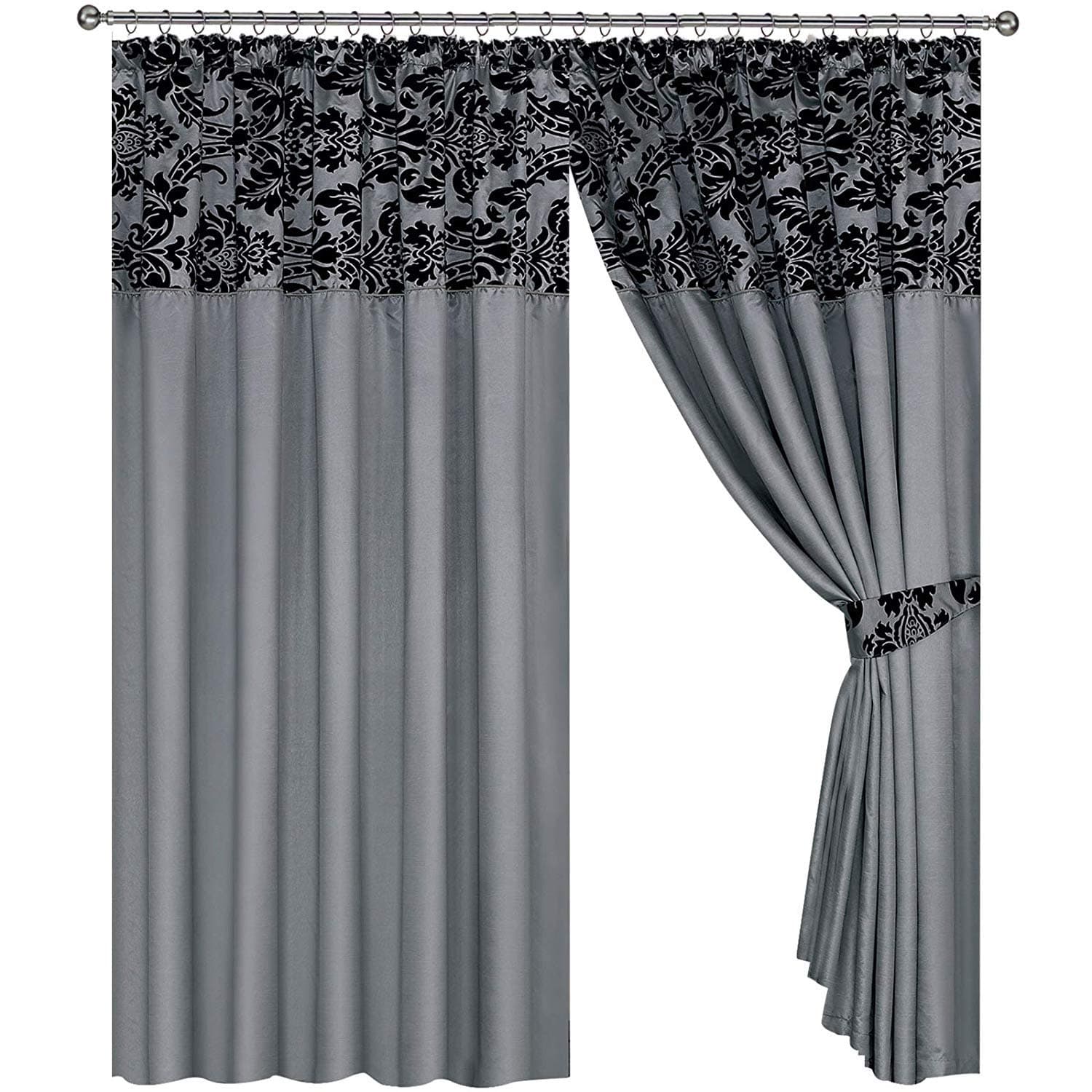 Neve Noelene Kelly Half Flock With Plain Design Damask Pencil Pleat Curtains - Silver Grey Black (66" X 72" (163cm X 183cm))