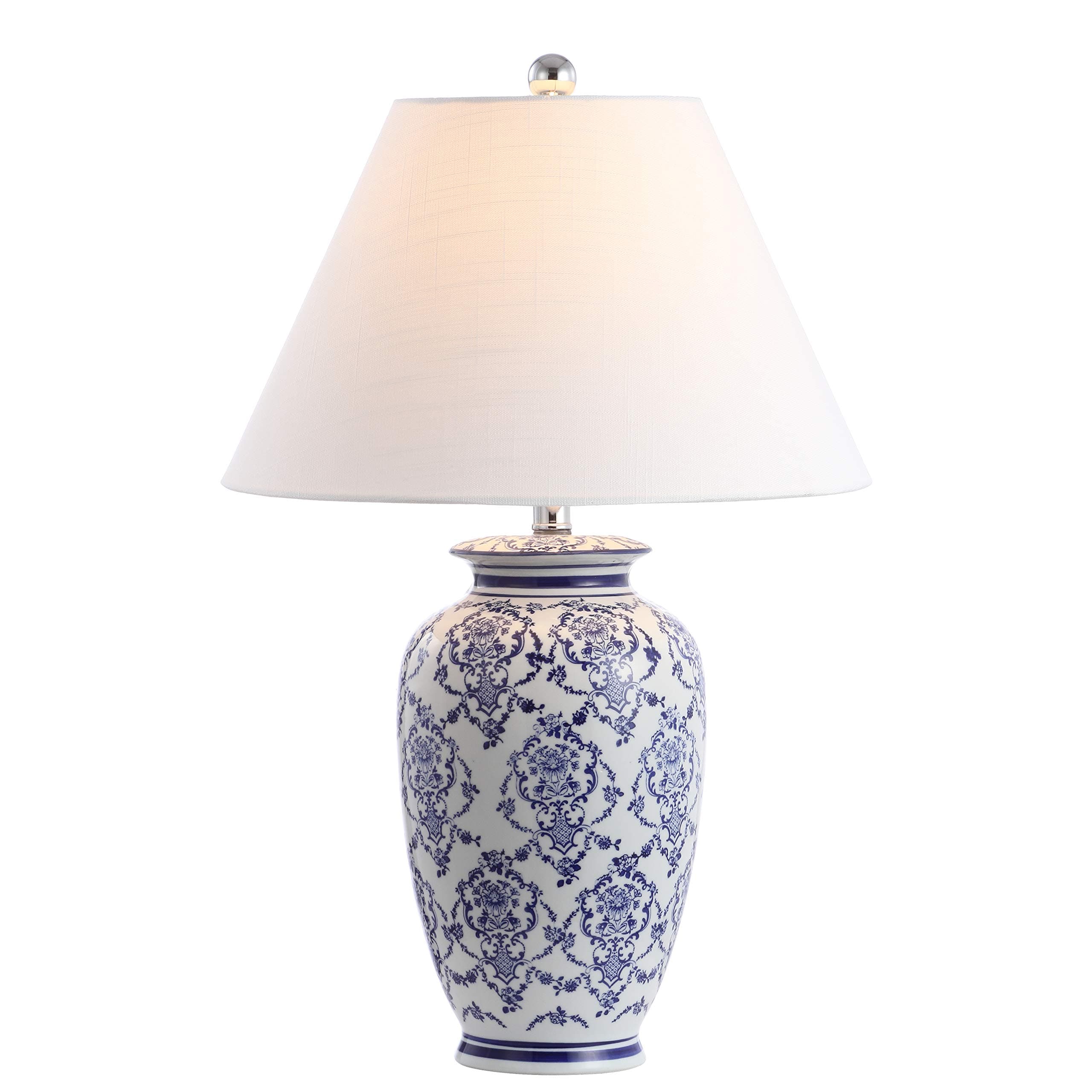 JONATHAN Y 26.25" Blue/White Chinoiserie Ceramic Table Lamp, Traditional Asian-Inspired Urn Lamp for Living Room Bedroom, White Linen Shade, LED Bulb Included JYL8023A