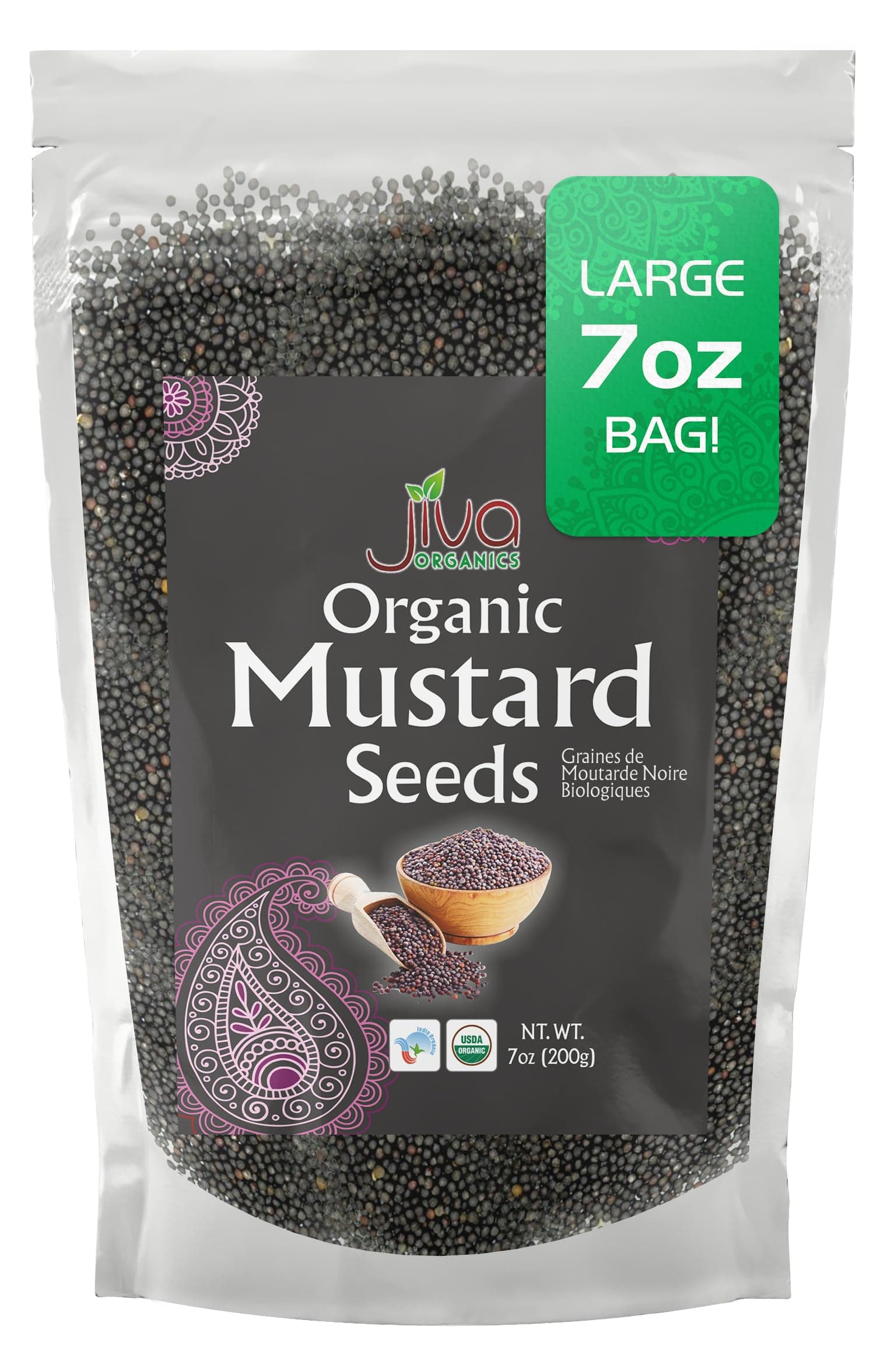 Jiva Organics Organic Black Mustard Seeds 7oz - Non-GMO, Gluten Free, Pungent & Aromatic Spice - 100% Raw & Natural