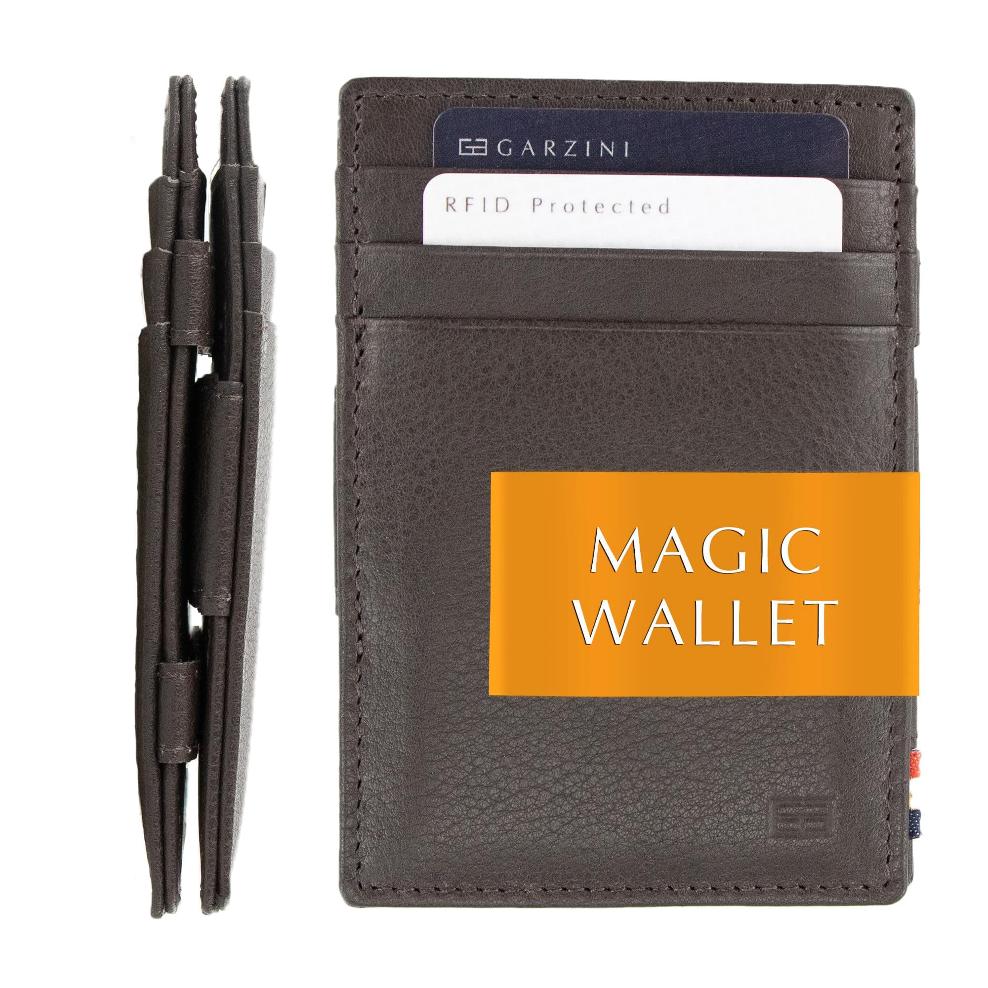 GARZINI Magic Wallet For Men, Minimalist Wallet with RFID card holder, Leather Wallet for 10 cards, Chocolate Brown