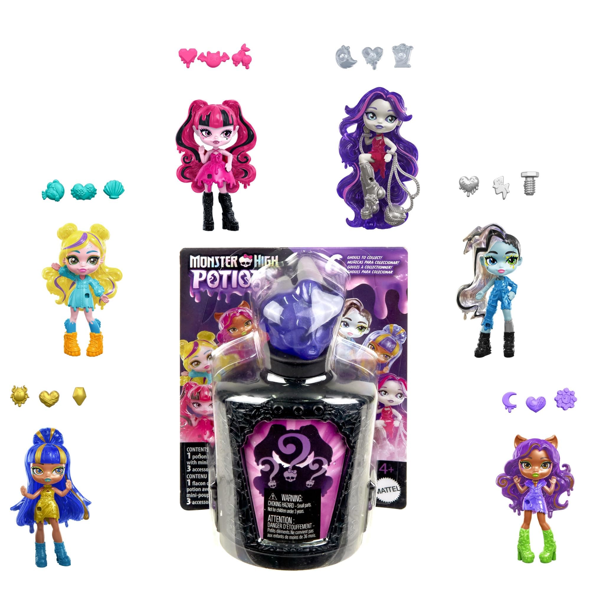 Potions Mini Dolls and Accessories, Surprise 3-inch Character Figures in Display Bottle with Water Reveal & Charms (Characters May Vary), HYB10