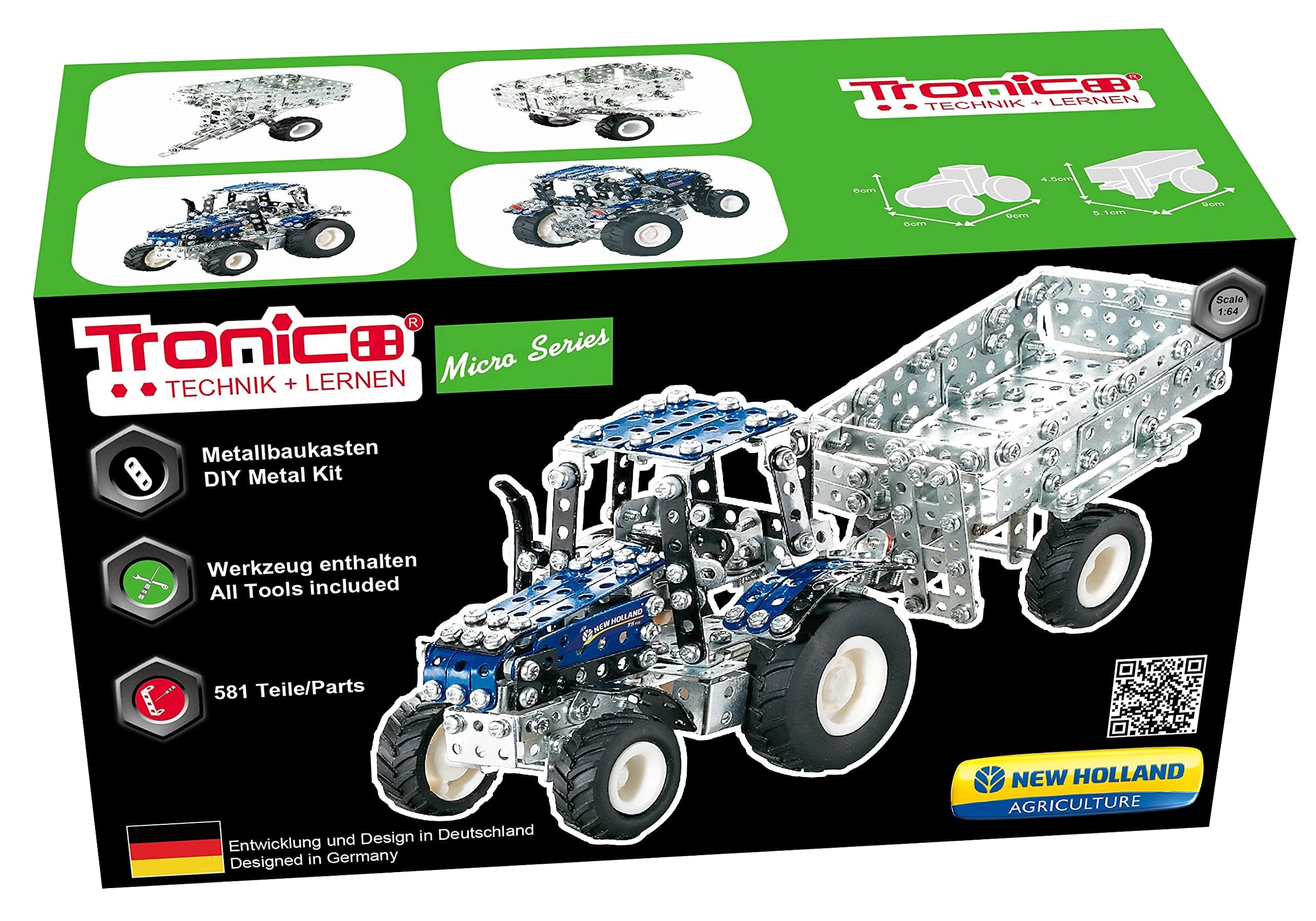 Metal Construction Model Kit RC Forklifter 464 parts LED lights scale 1:64 real function and tools + picture instructions mechanical building set education learning age 12+ male adult STEM Tronico