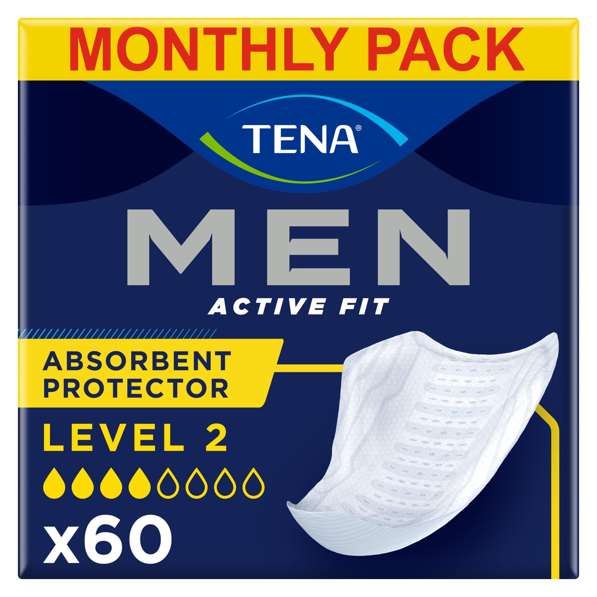 Men Absorbent Protector Incontinence Pads, Level 2, 60 Incontinence Pads (10 x 6 packs) for Men of All Ages, Cup-Shaped for Medium Bladder Weakness, Urine Leakage and Drips