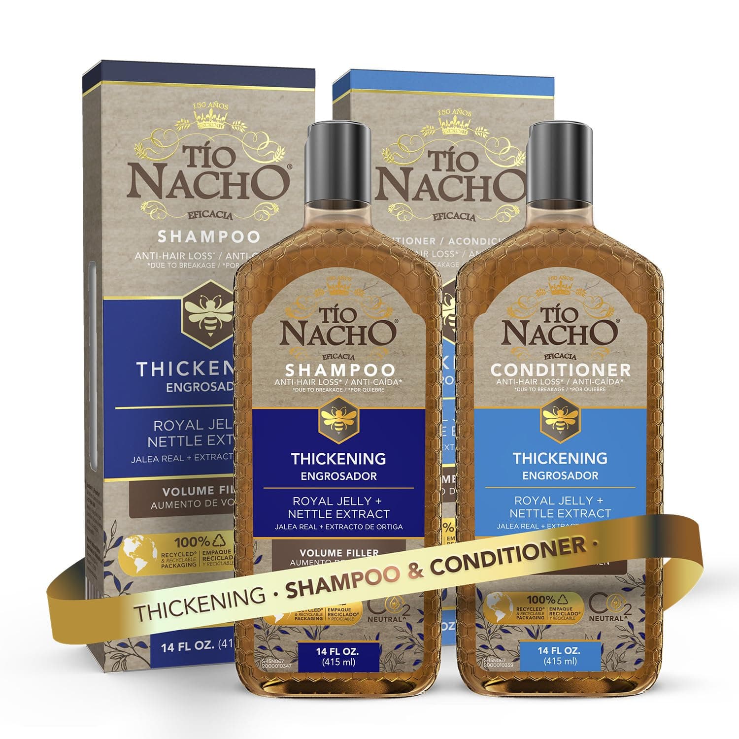 Thickening Shampoo and Conditioner Set: Capilgross, Royal Jelly, Nettle, Aloe Vera, Reduces Hair Loss, Strengthens, Nourishes, Volumizes - 14 fl oz Each