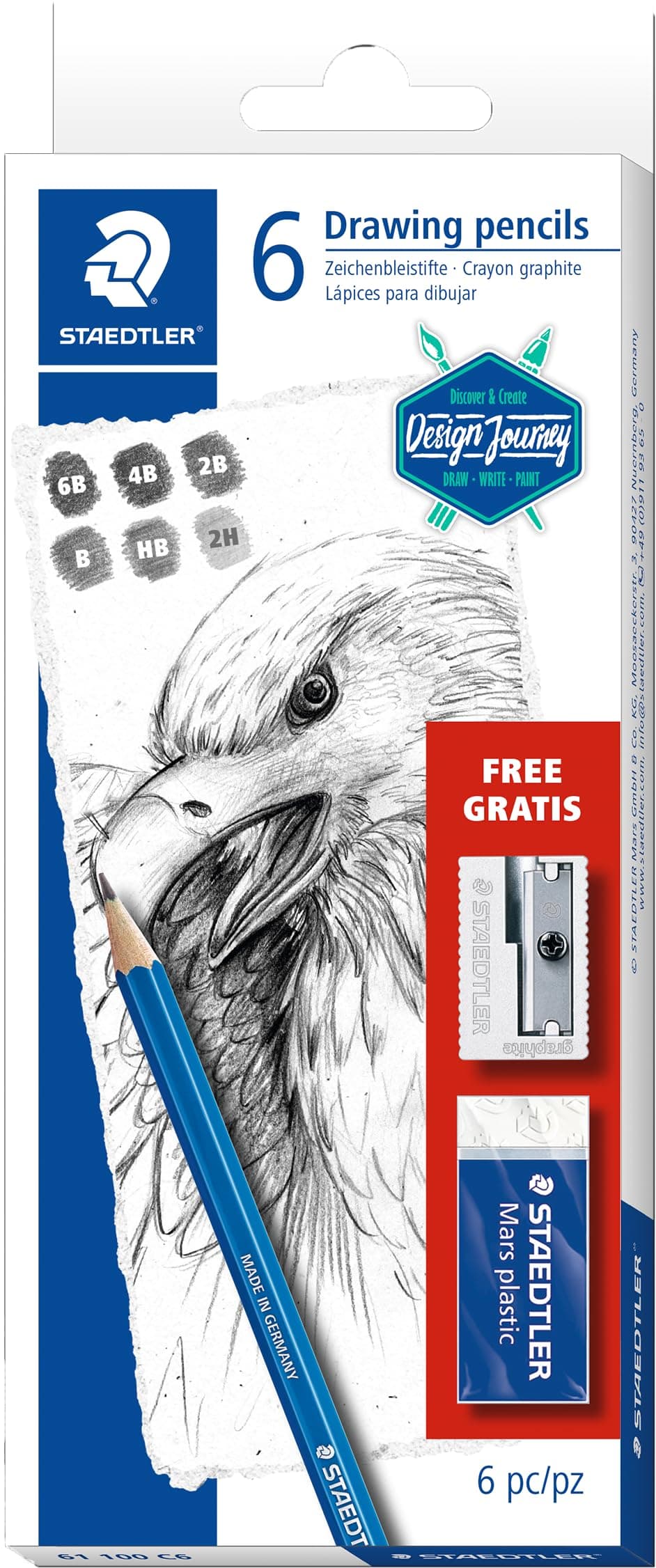 Mars Lumograph Pencils in 2H, HB, B, 2B, 4B, 6B + Free Mars Plastic Eraser and Sharpener