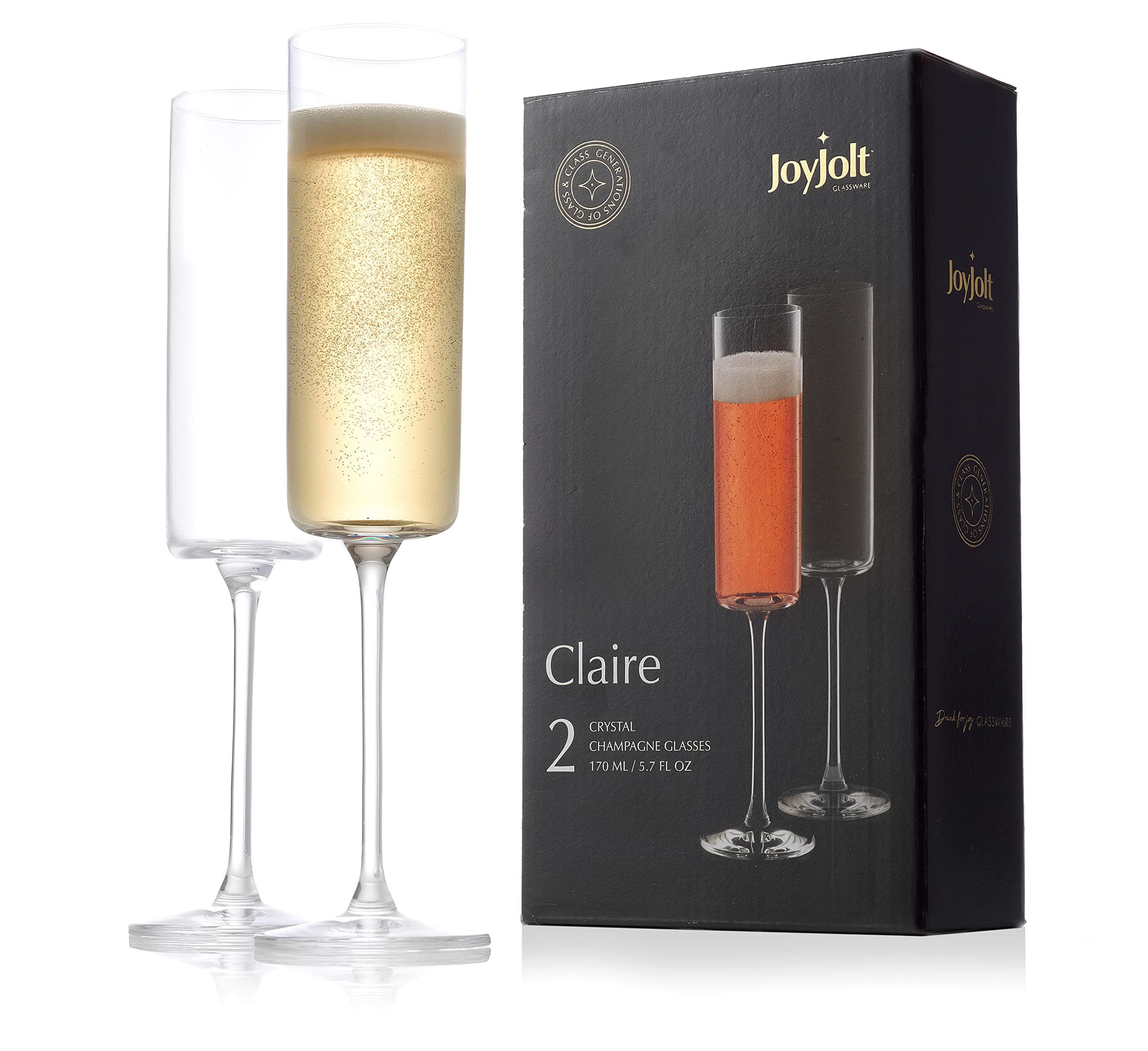 JoyJolt Champagne Flutes, Claire Collection Crystal Champagne Glasses Set of 2, 5.7 Ounce Capacity, Exquisite Craftsmanship, Ideal for Home Bar, Special Occasions – Made in Europe