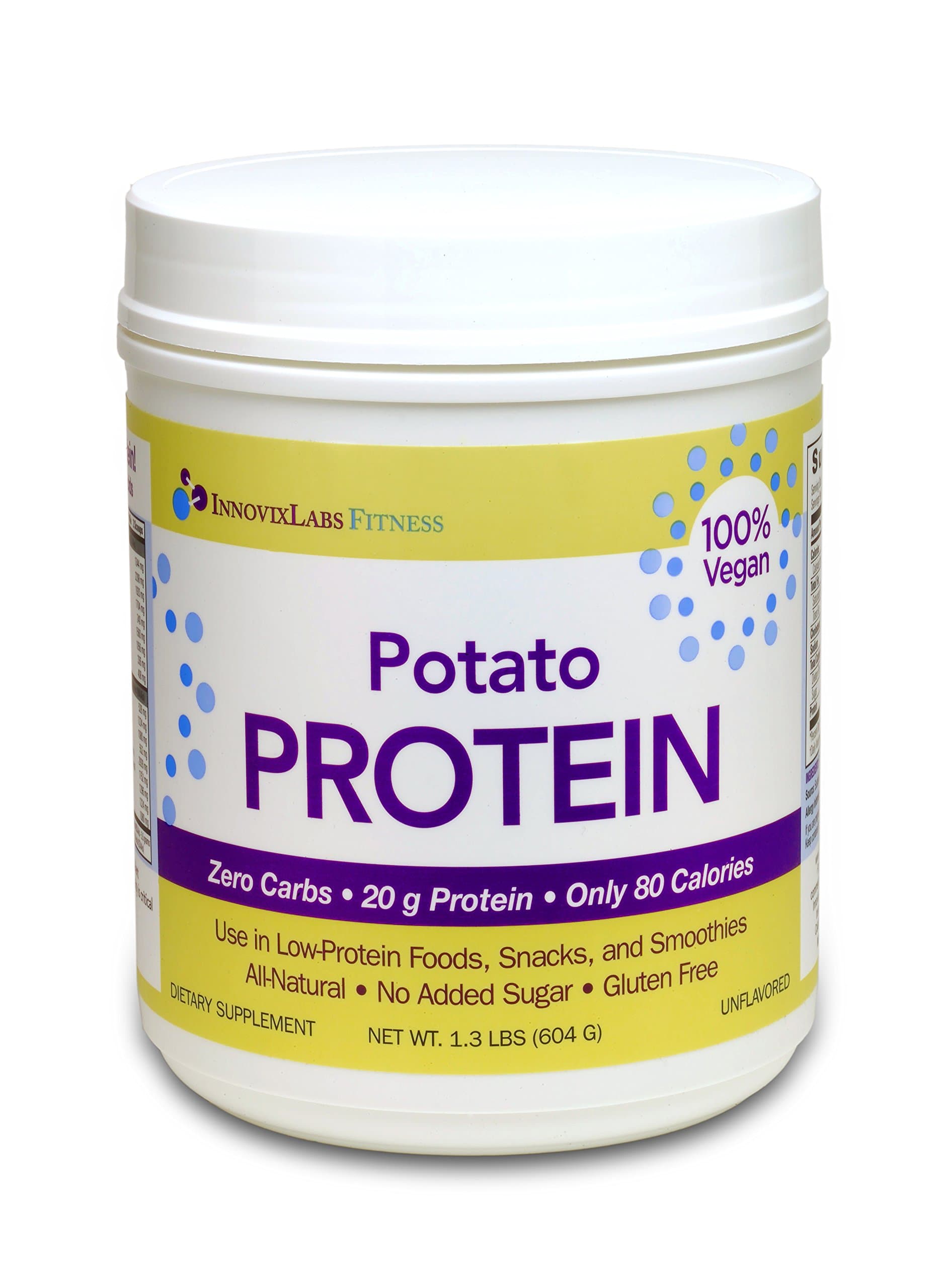 Potato Protein (by InnovixLabs). No Carbs. No Starch, Just Protein! Only Vegan Protein Made with 100% Potato Protein Isolate. 20 Grams Protein per Serving - 25 Servings. All Natural - Unflavored