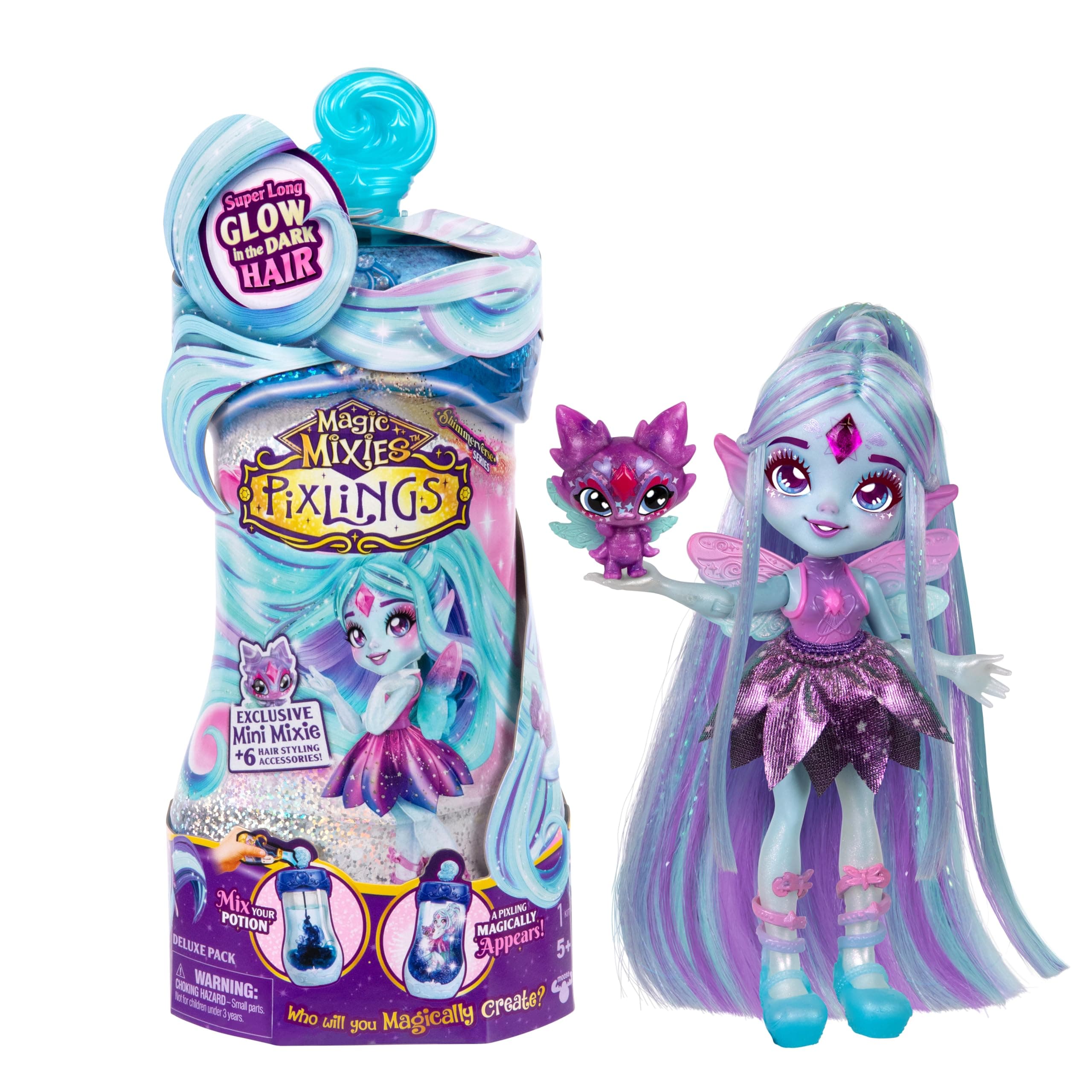 Pixlings Deluxe Pack, Flyt The Dragonfly, Shimmer Reveal, Create & Mix Potion That Magically Reveals 6.5" Pixling Doll Inside Potion Bottle - Exclusive Mini Mixies & 6 Hair Accessories