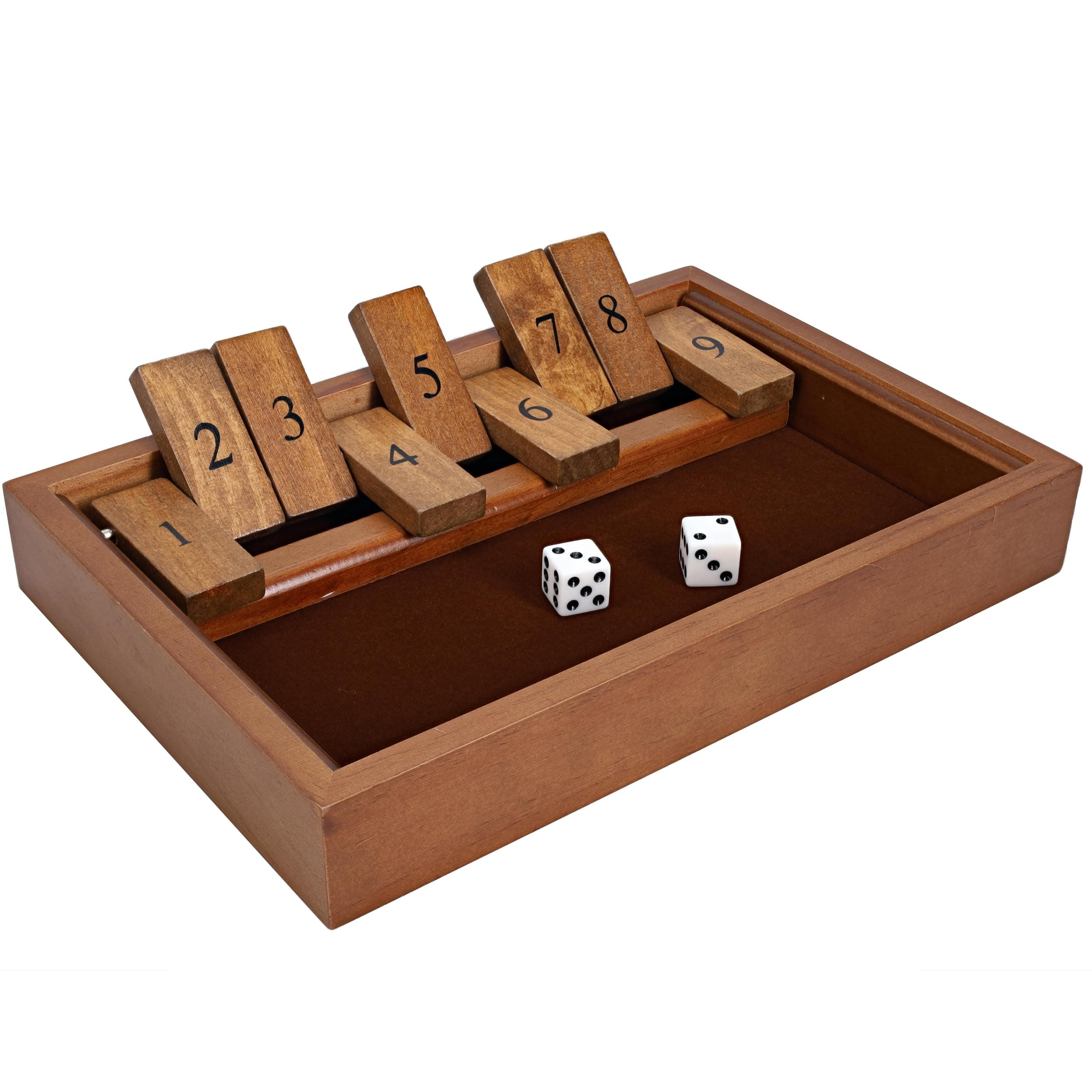 Shut The Box Game Wooden – 9 Number Flip Tiles with Dark Stained Wooden Box, Perfect for Game Night, Math Games, Clackers, Family Games, Adult Dice Games, Board Games for Adults, 11 inches