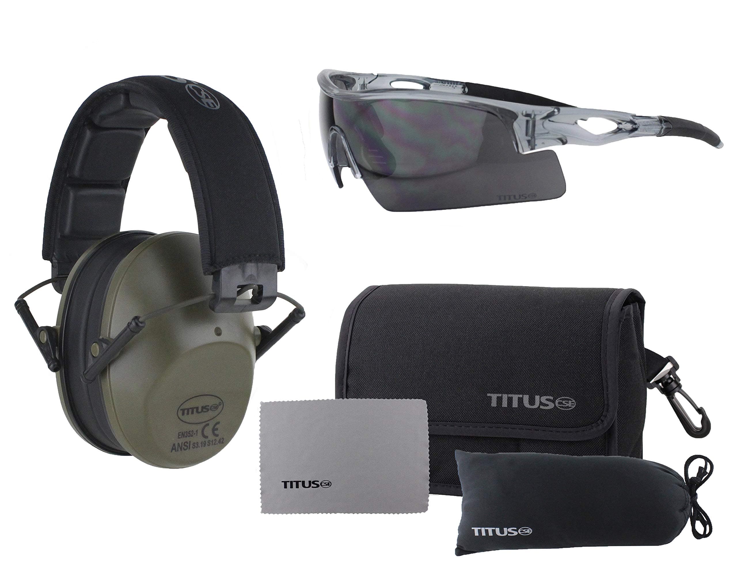 TITUS Slim-line Earmuffs and Safety Glasses Combo Pack (Olive, Grey Frame w/Smoke Lens)