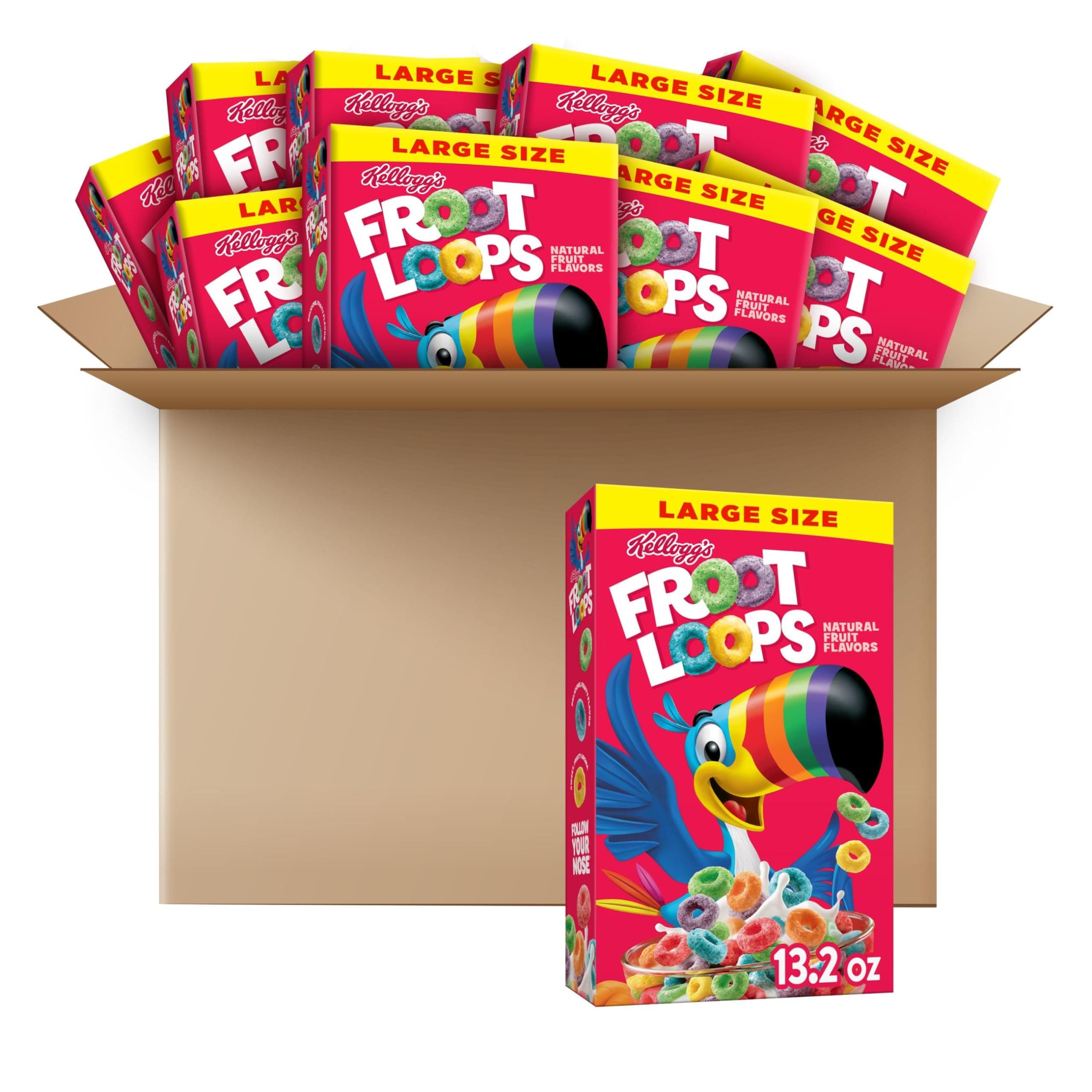 Kellogg's Froot Loops Breakfast Cereal, Fruit Flavored, Breakfast Snacks with Vitamin C, Large Size, Original, 8.2lb Case (10 Boxes)