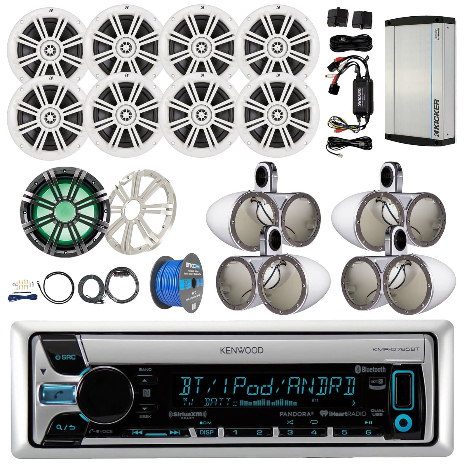 Kenwood Bluetooth Marine Stereo Receiver Bundle Combo + 8X Kicker 6.5" Boat Coaxial Speaker + 8X Tower Enclosures + 10" LED Subwoofer + White Grill + + 5-Channel Amp + Enrock 100ft. Wire