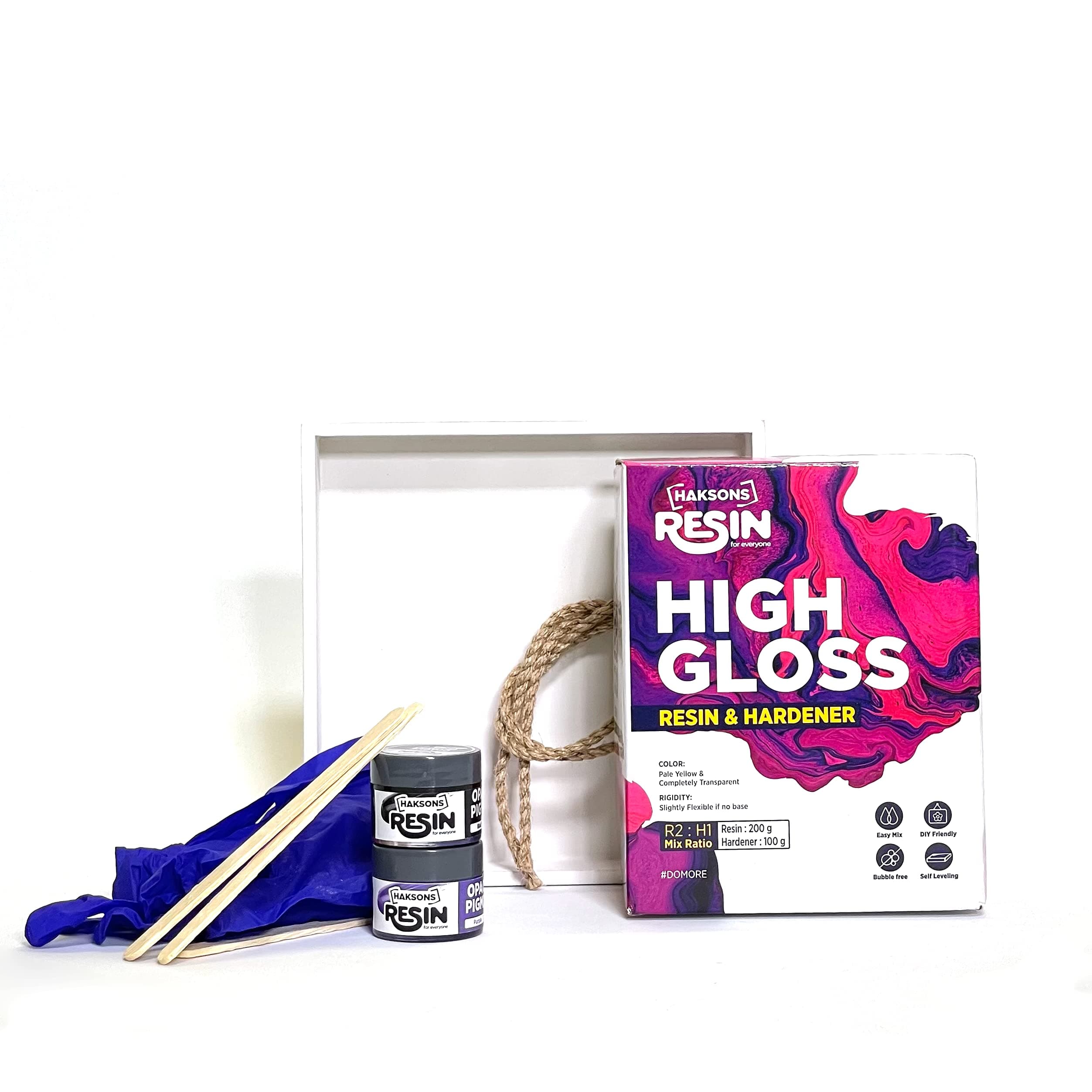 Haksons High Gloss Epoxy Resin And Hardener Art Kit (Starter Pack) with MDF Primed Tray, 2 Opaque Pigments and gloves | Easy to Use | Non-Toxic Epoxy Art Resin 300ml