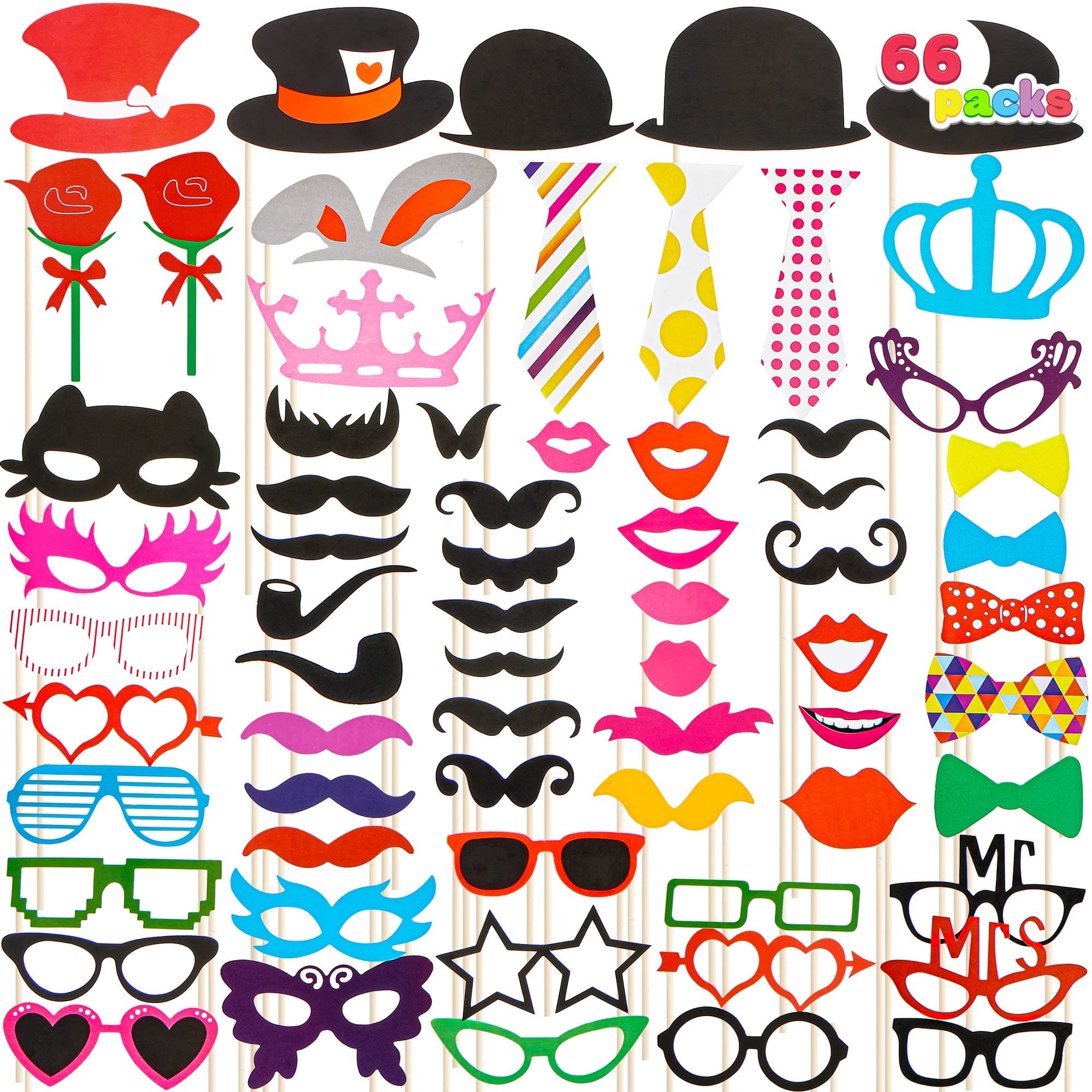 Toy Photo Booth Props 66 Pieces，Multicolor Kit for Graduation Wedding Party Supplies Favors，with Stick, Hats, Glasses, Mouth, Bowler, Bowties