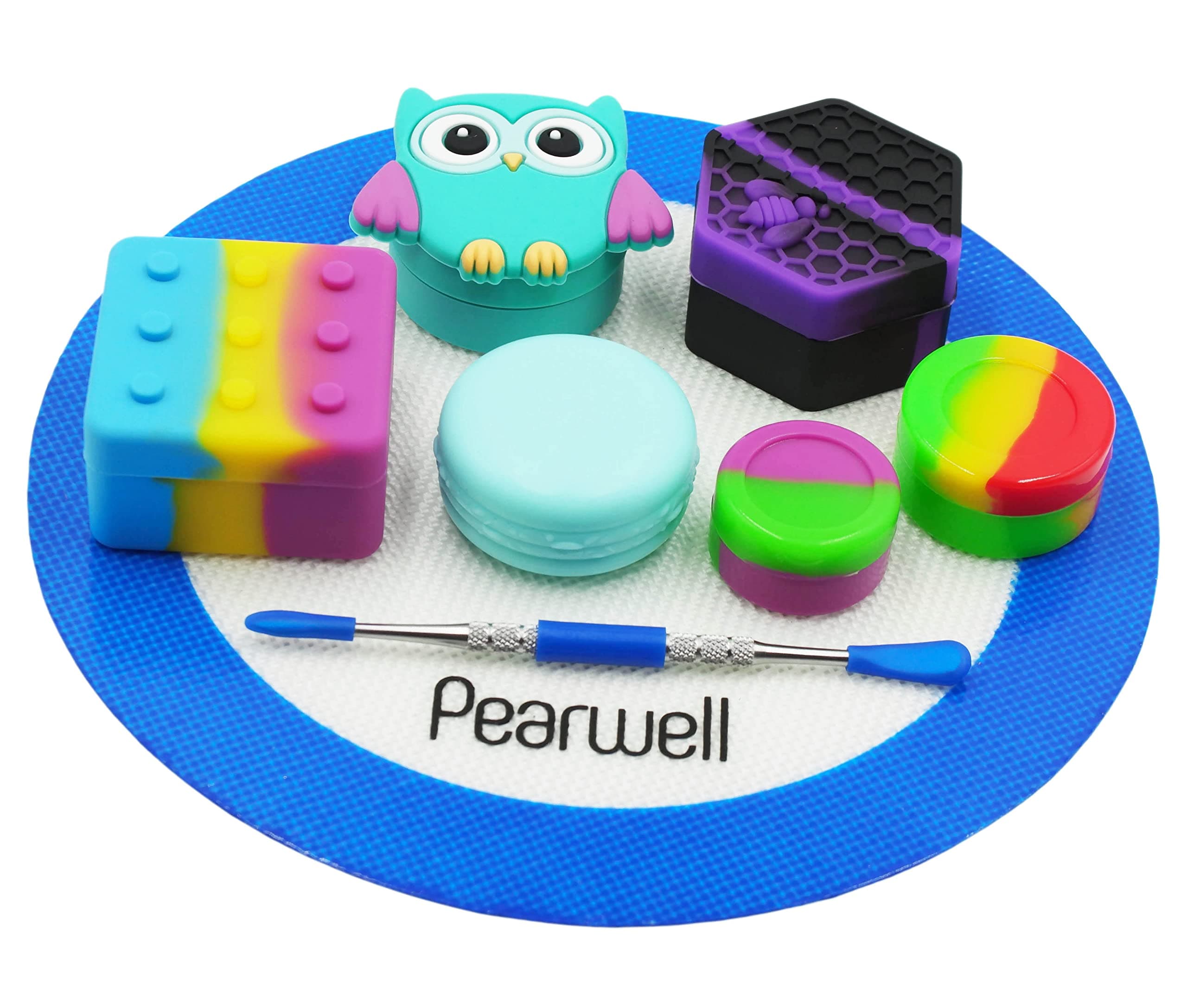 Pearwell Silicone Wax Concentrate Containers 5ml 7ml 11ml 26ml Hexagon Skull Owl Jars with 7.87 Inch Round Mat and Carving Tool (Blue)