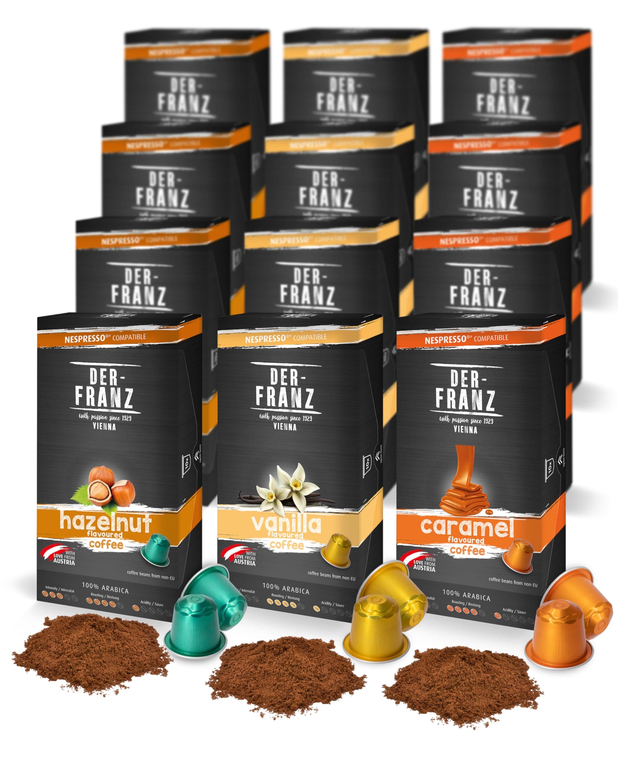 Nespresso Compatible Coffee Capsules, 12 x 10 Capsules (40 x Hazelnut aroma, 40 x Vanilla aroma, 40 x Caramel aroma)