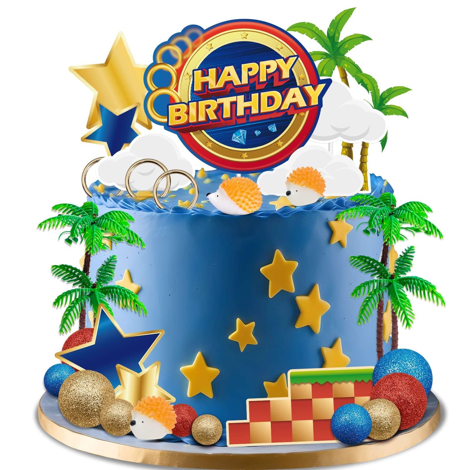 GZDUCK Hedgehog Cake Topper- 30Pcs Cartoon Themed Happy Birthday Cake Topper, Animals Forest Cake Decoration with Tree Blue Hedgehog Cake Decor for Kids Boys Girls Birthday Party Supplies