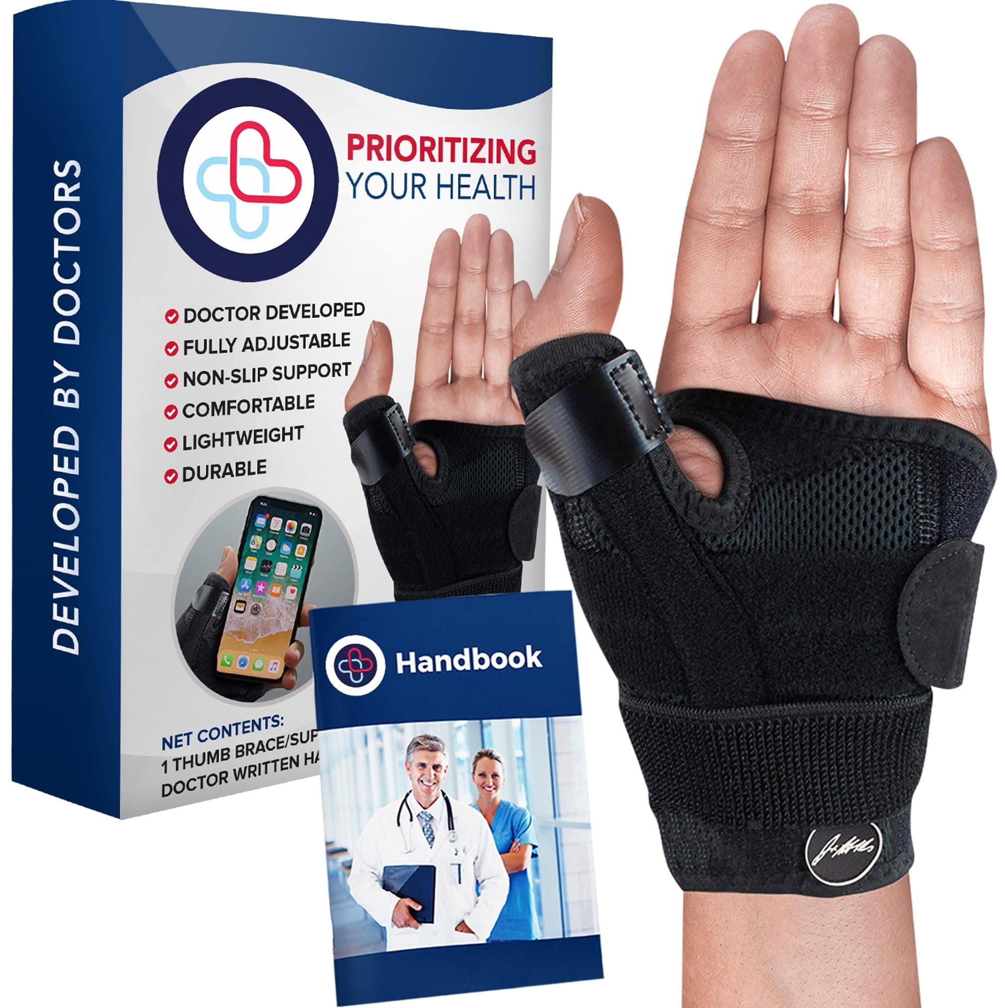 Dr. Arthritis [Developed by a Doctor] Thumb Supporter, Adjustable and Breathable, Lightweight, Medical Quality for Men & Women (Black, 1 Pack) - FDA Medical Device & Handbook (Black, Single)