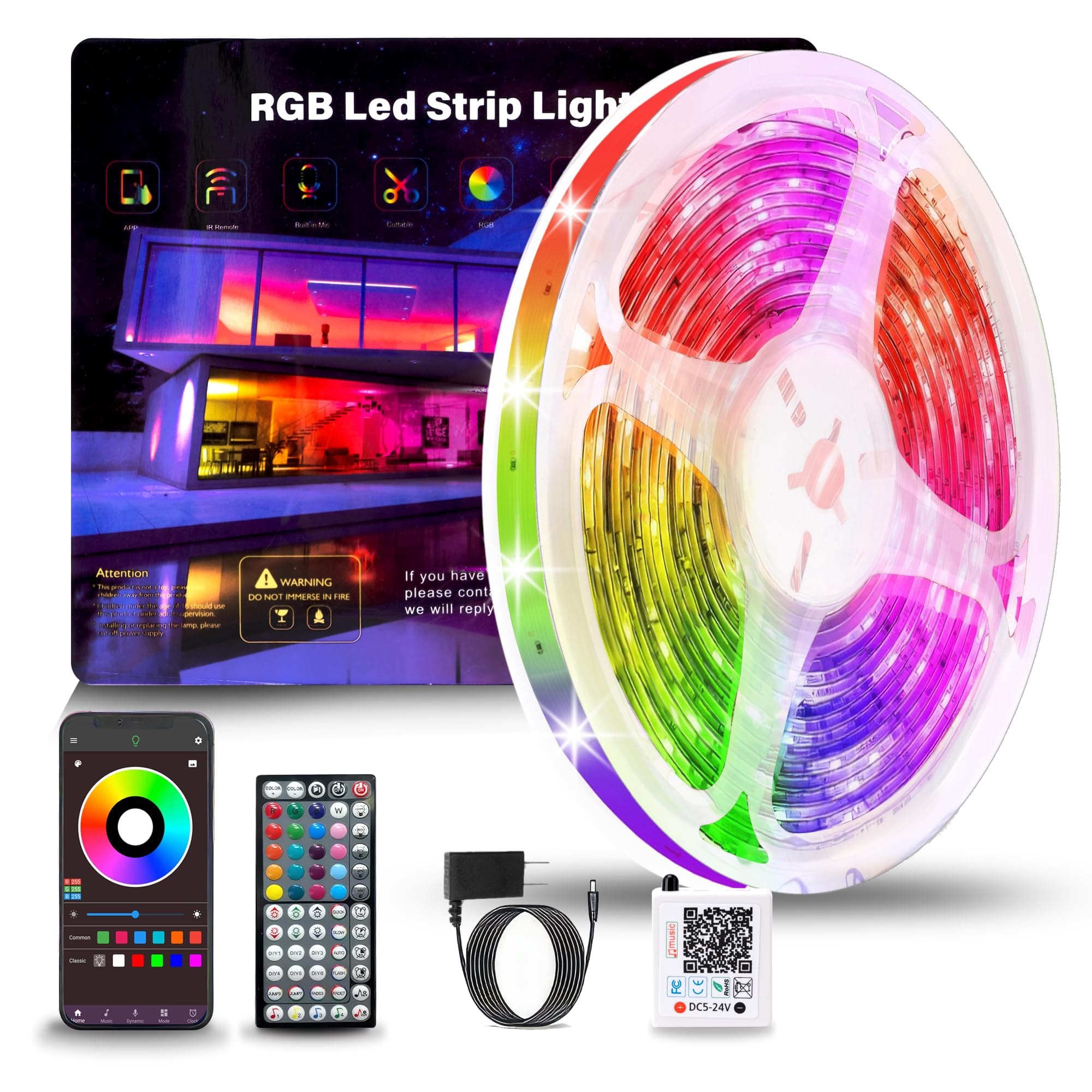 100ft RGB LED Lights, Music Sync, Remote & APP Control, Multicolor, for Room and Party