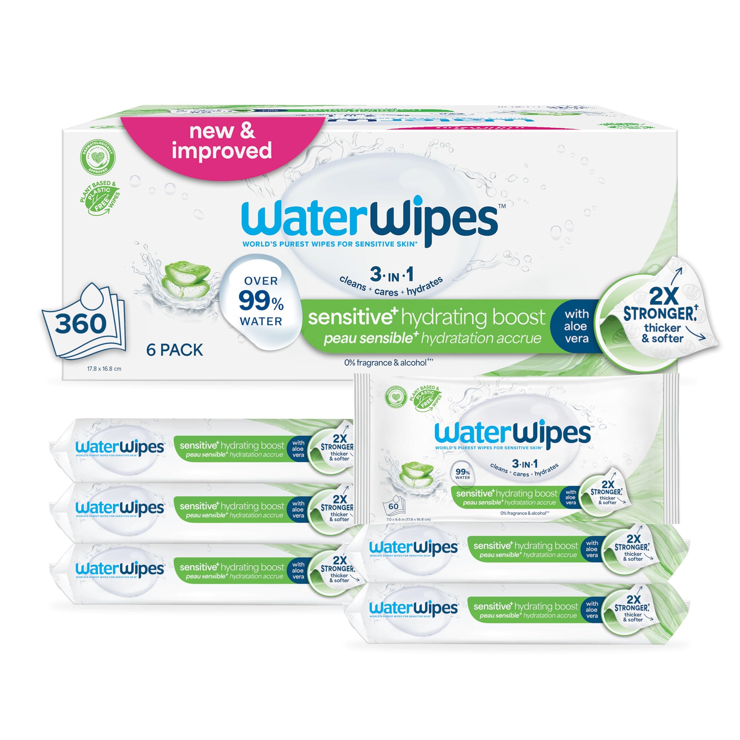 Hydrating Clean Baby Wipes, 99% Water-Based Formula with Aloe Vera to Hydrate & Clean Skin, Unscented & Hypoallergenic, 360 Count (6 Packs)