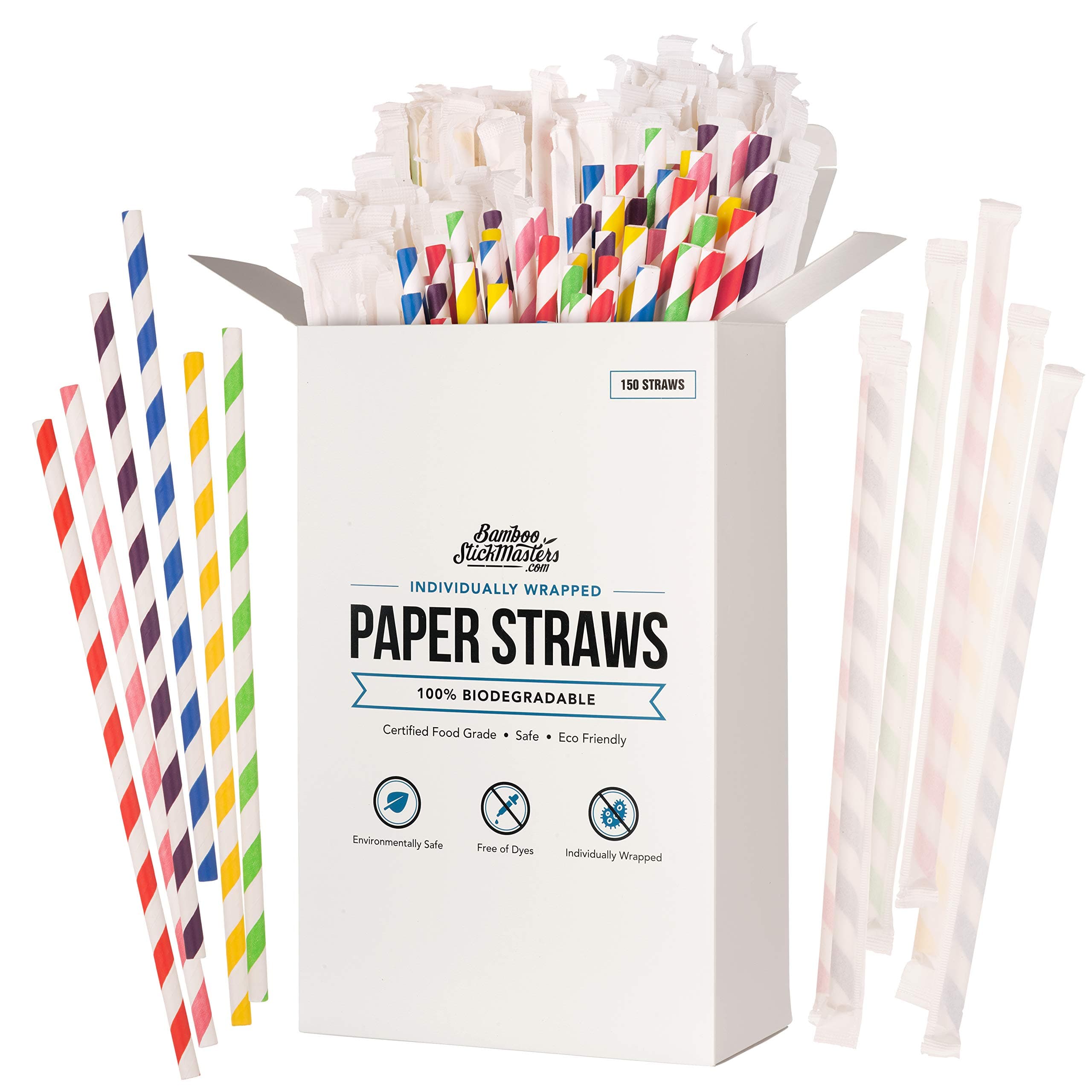 Bamboo Stick Masters150 Disposable,Biodegradable Paper Drinking Straws, Plastic Free Straws for Parties, Birthdays, Weddings, DIY Decorations 6 Bright Colours Eco-Friendly