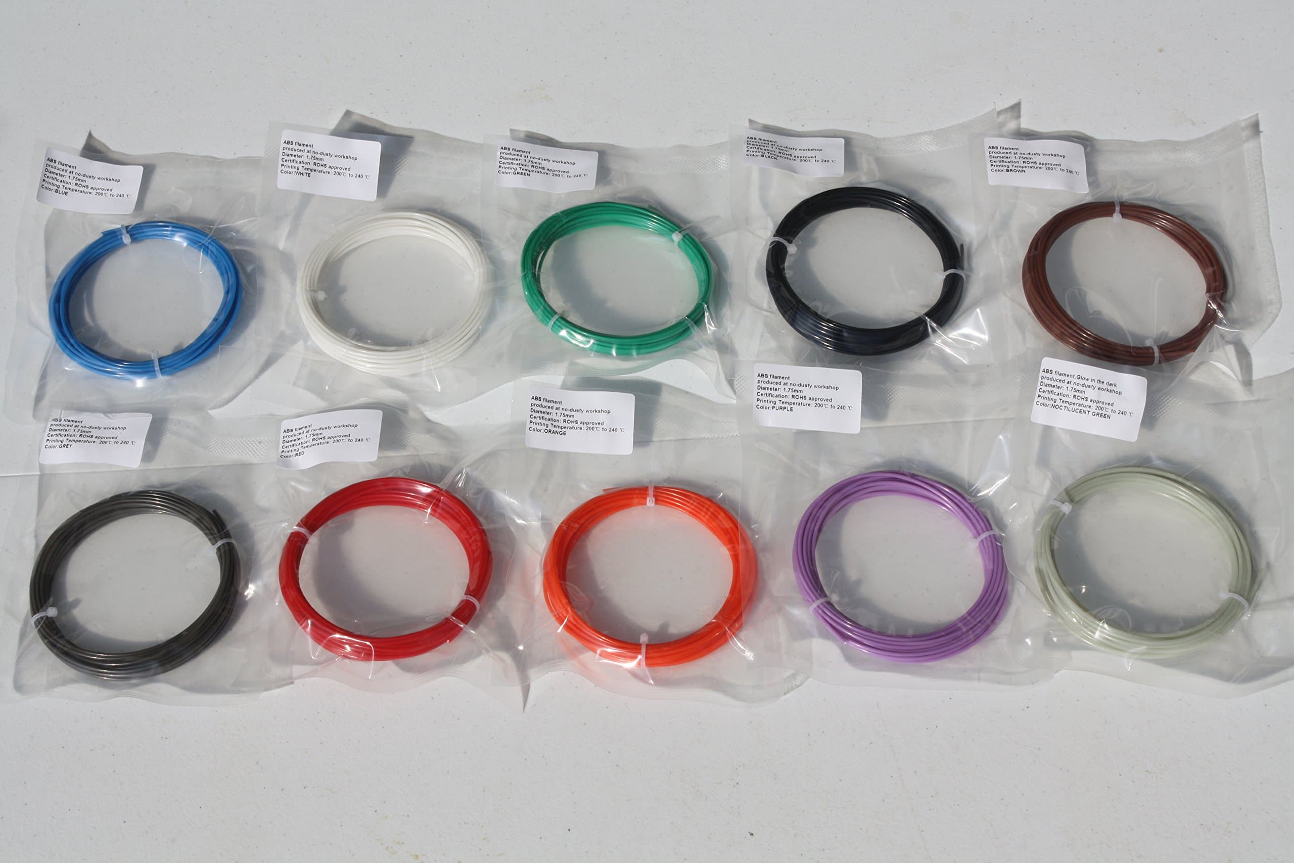 ABS 10 Color (5 meters each color) 3d Pen/3d Printer 1.75mm Filament Super Fun Pack. Black,blue,brown,green,grey,orange,purple,red,white,luminous Green-glow in the dark Filaments. 164 feet in total