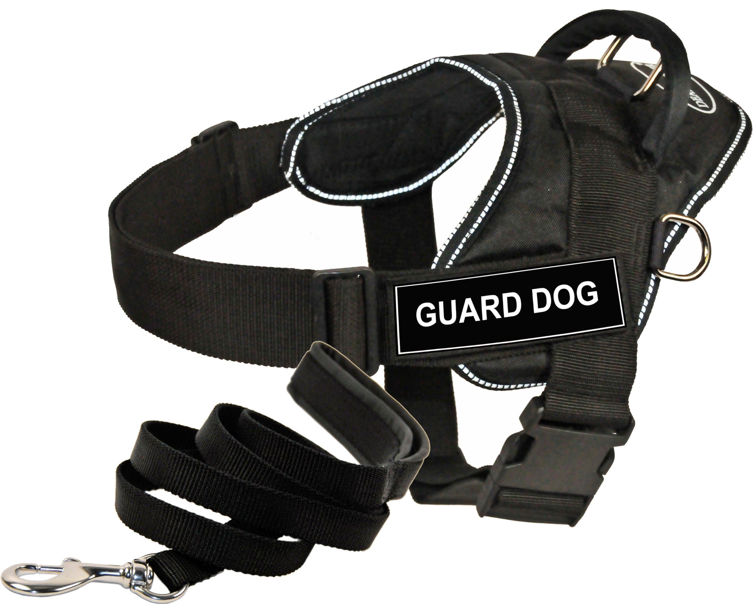 Dean and Tyler Bundle - One"DT Fun Works" Harness, Guard Dog, Reflective, X-Small (20" - 23") + One"Padded Puppy" Leash, 6 FT Stainless Snap - Black