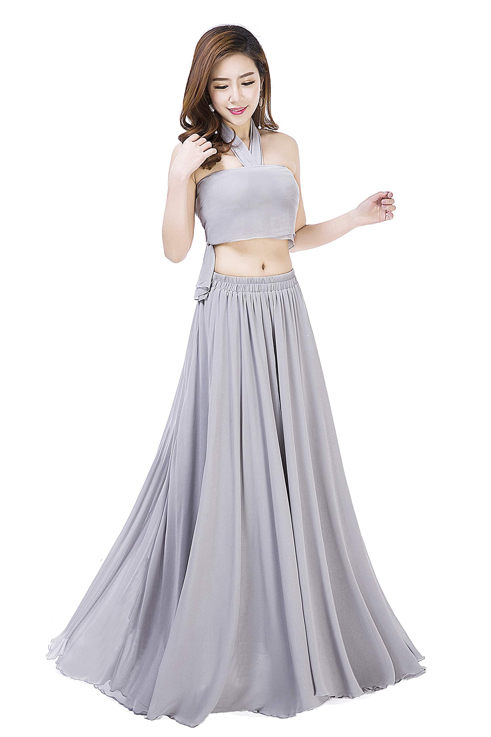 Summer Chiffon High Waist Pleated Big Hem Floor/Ankle Length Beach Maxi Skirt for Women Wedding Party Long Skirts