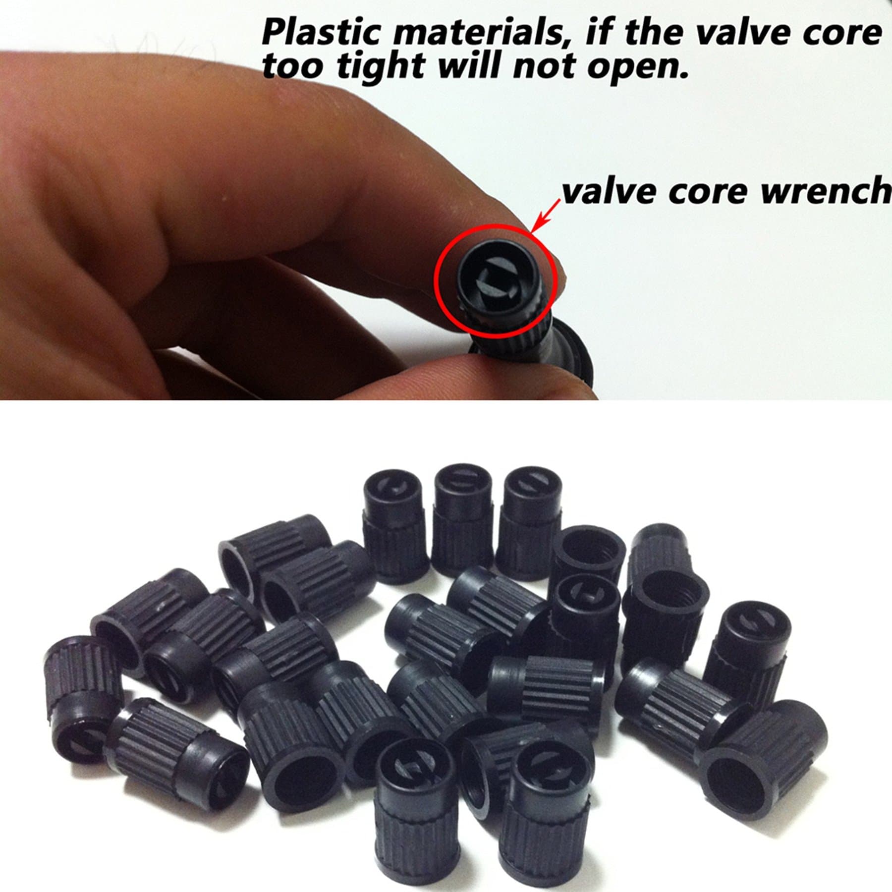 LOT of 50 New Black Plastic Tire/Tube Valve Caps with Built in Valve Core Remover Tightner