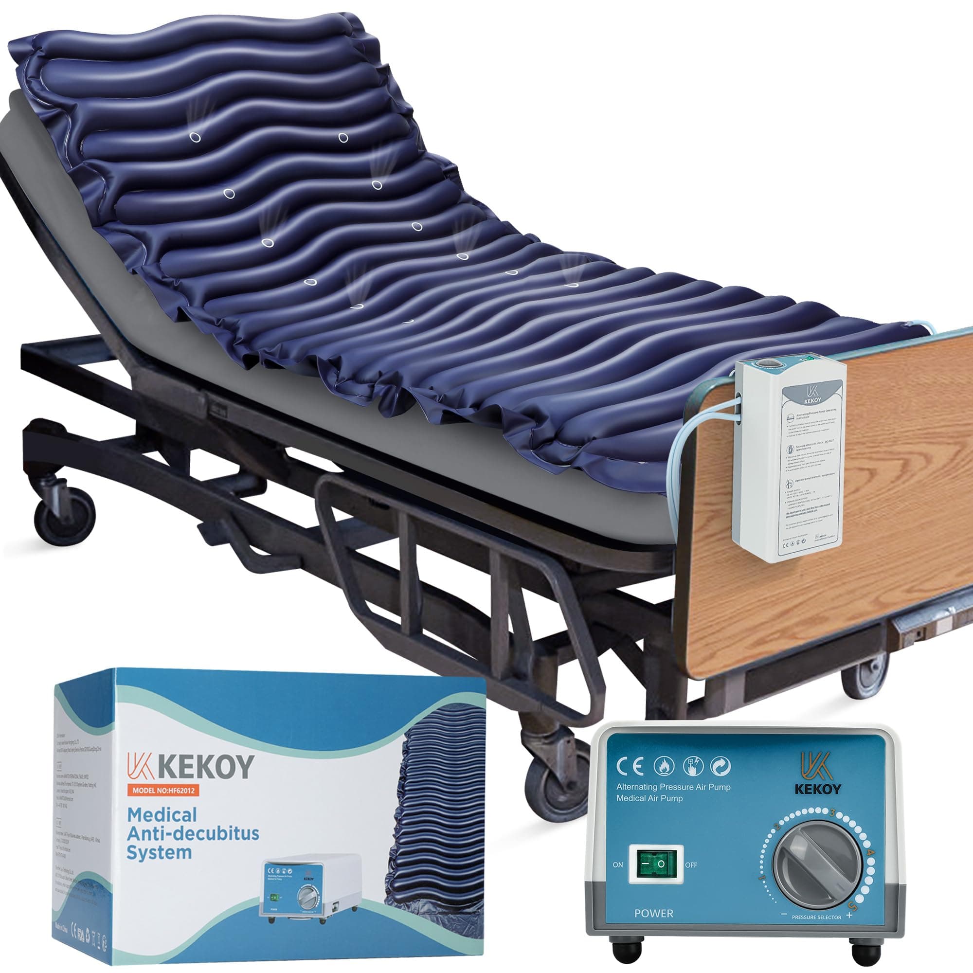 Kekoy Alternating Air Pressure Mattress Pad with Micro Air Vents for Bedsore Prevention, with Whisper Quiet Pump, Waterproof Pressure Relief Ulcer Cushion Pad for Hospital Bed Home Use 75" x 36" -Blue