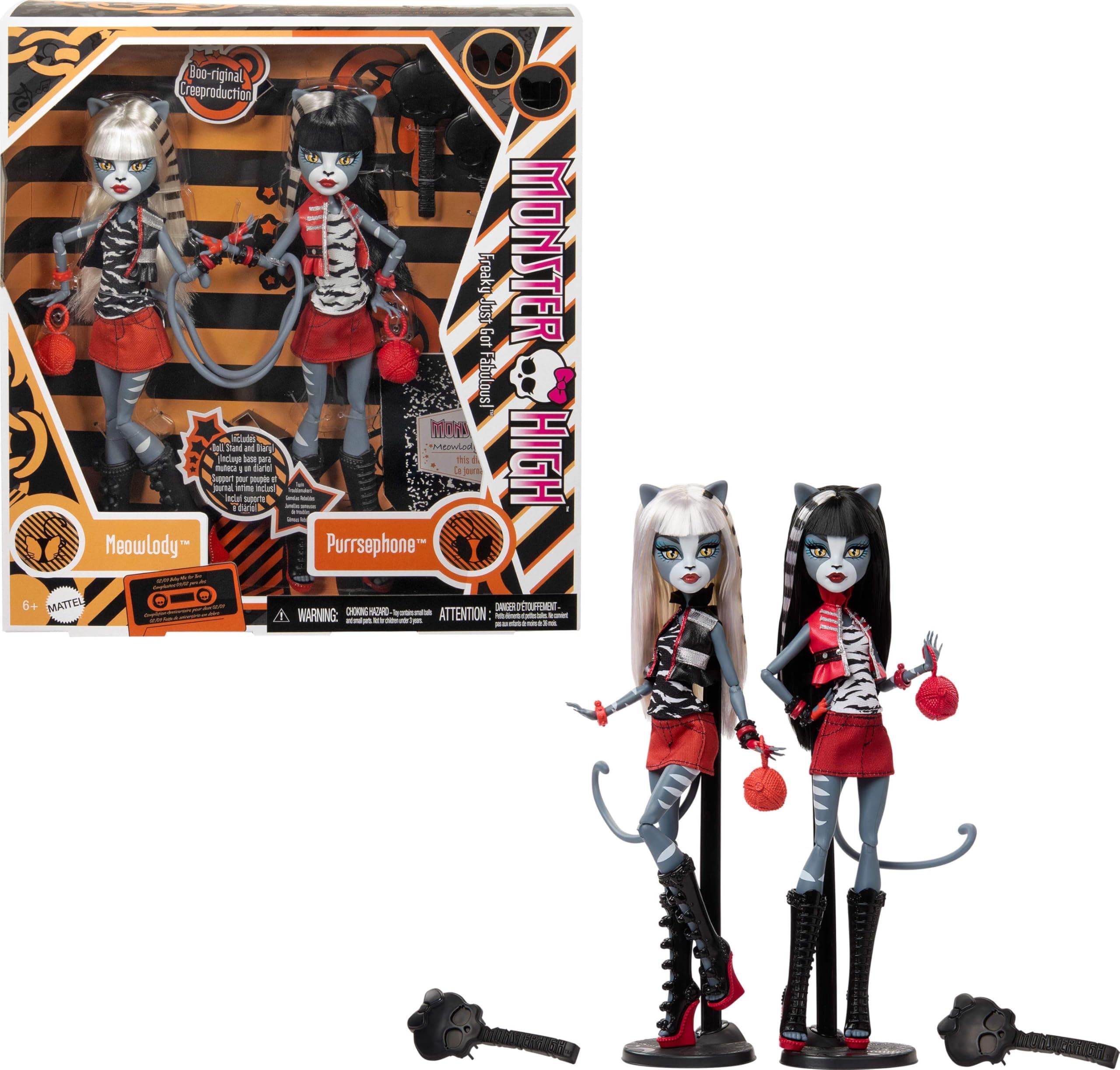 Monster High Boo-riginal Creeproduction Doll 2-Pack, Meowlody and Purrsephone Collectible Reproductions with Doll Stands and Diary