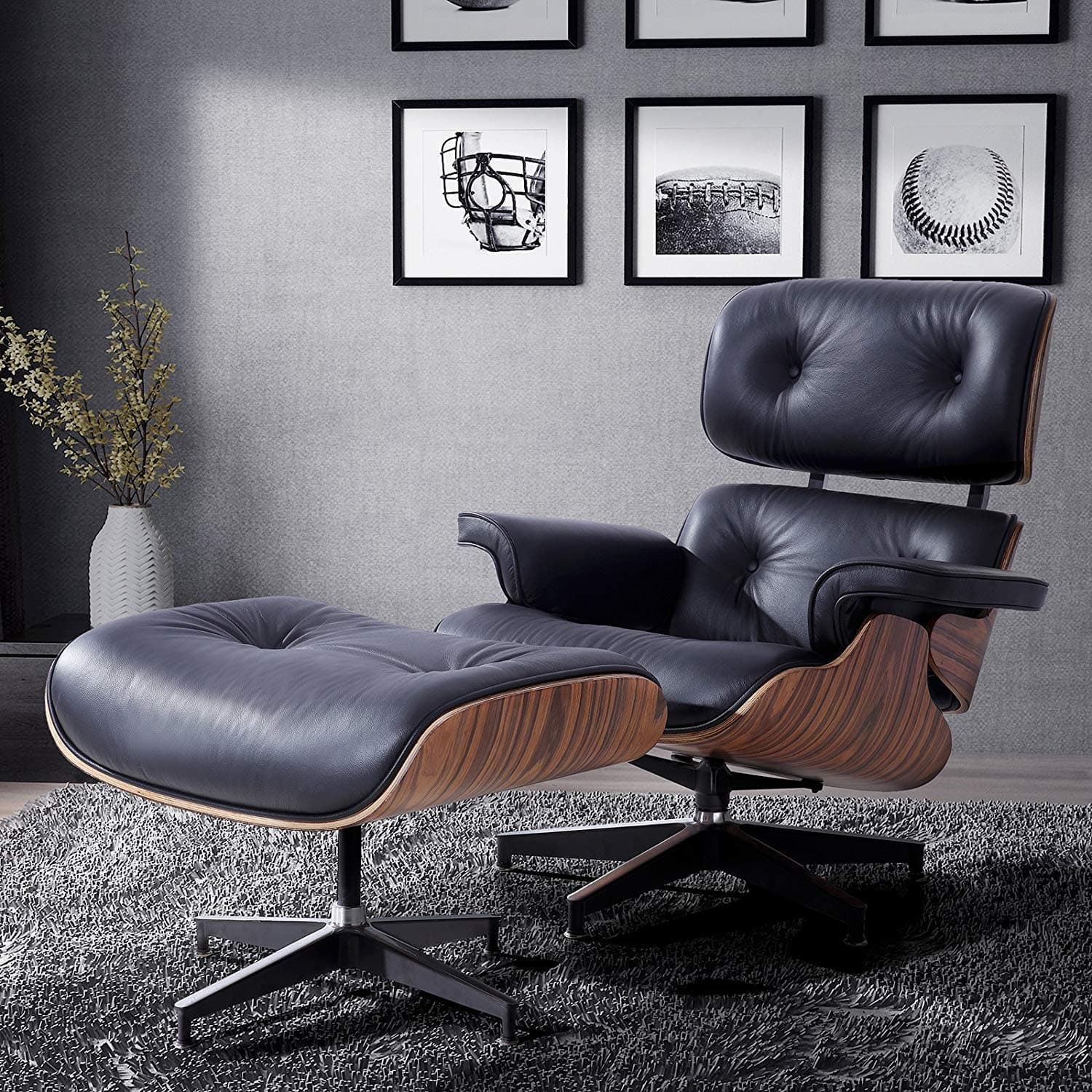 Mid Century Eames Lounge Chair with Ottoman, Palisander Walnut Wood, 100% Grain Italian Leather Living Room Recliner w/Heavy Duty Base Support (Black Palisander)